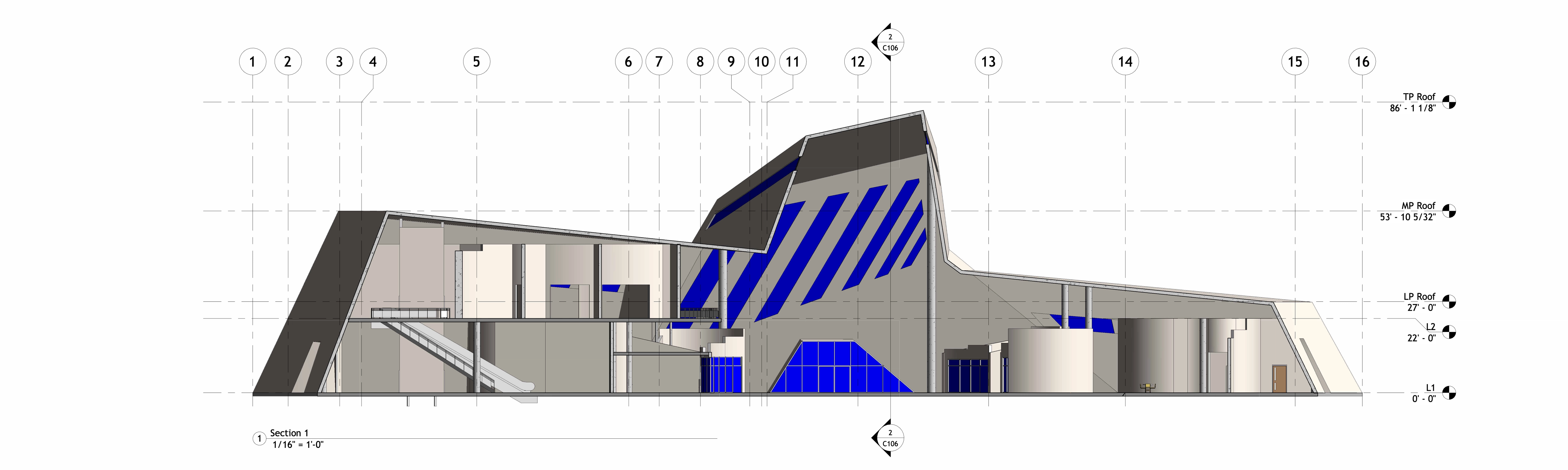 Architectural sectional drawing of a modern building with multiple roof levels and interior details including walls, doors, blue accent panels, stairs, and structural supports, annotated with vertical grids and roof height measurements.
