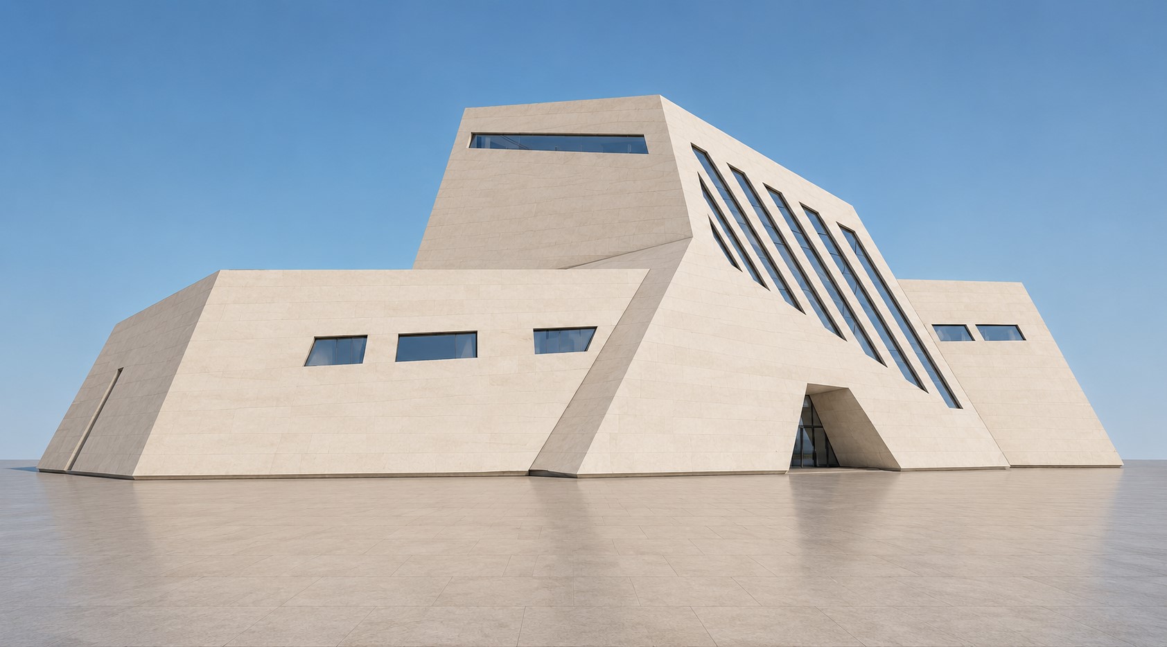 Modern, angular beige building with irregular window shapes and slanted glass panels under a clear blue sky on a tiled ground.