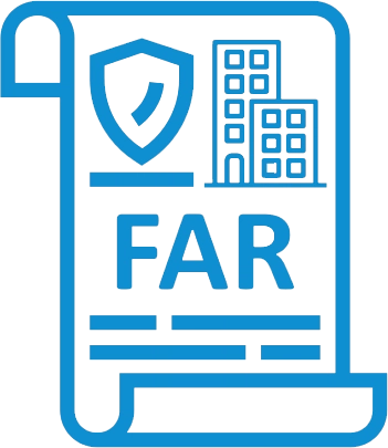 Blue line art icon of a rolled-up document featuring a shield with a checkmark, a building, and the letters FAR.