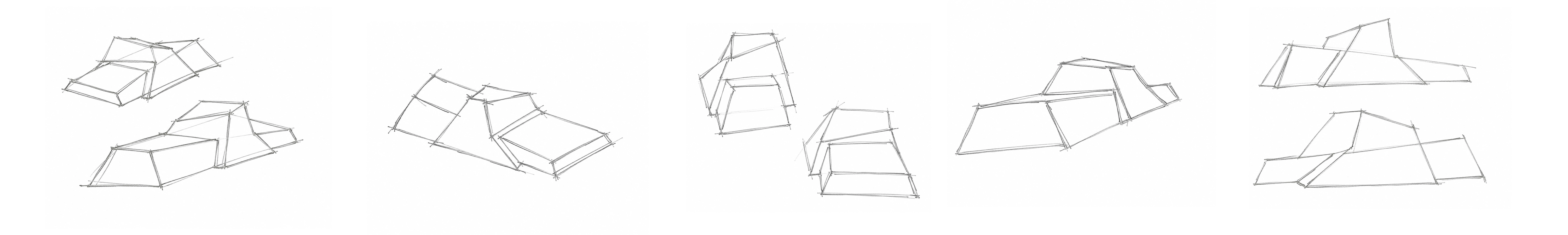 Five minimalist architectural sketches of irregular geometric structures, each consisting of interconnected angular shapes forming abstract building forms on a white background.