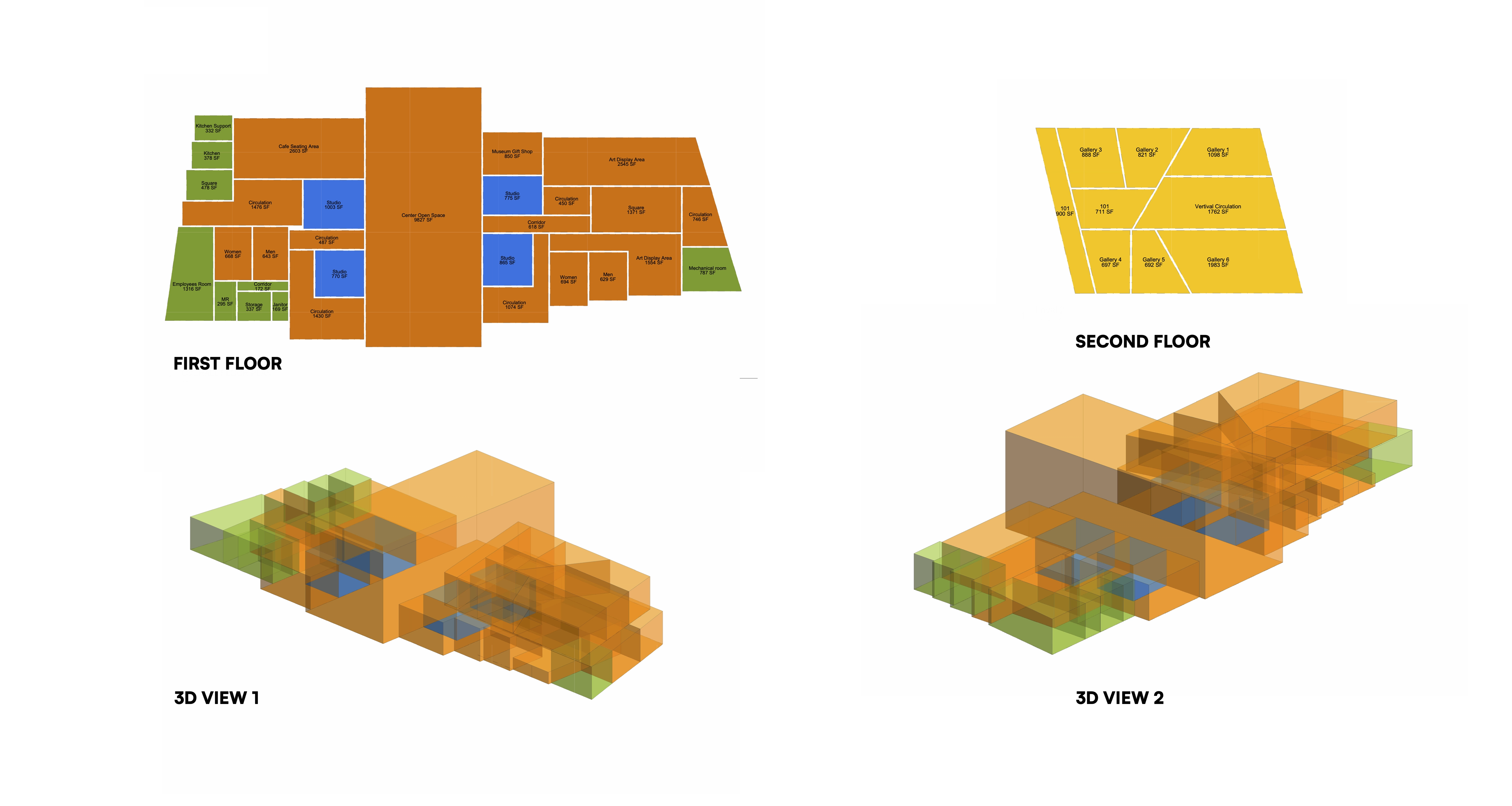 Architectural layout showing first and second floor plans along with two 3D views of the building design; the first floor plan includes various rooms labeled with functions and square footage in green, orange, and blue sections, while the second floor plan highlights multiple gallery spaces in yellow with their respective sizes and a vertical circulation area.