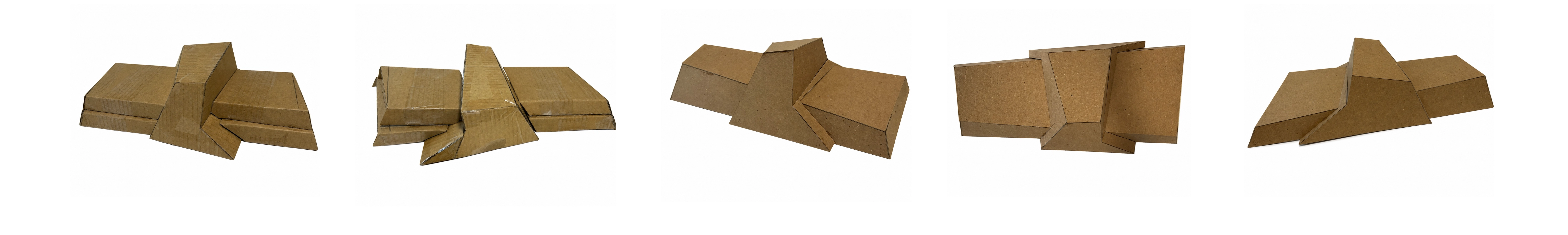 Series of five views showing a cardboard architectural model resembling a single-story building with two large cuboid wings flanking a central angular section, viewed from different angles on a white background.
