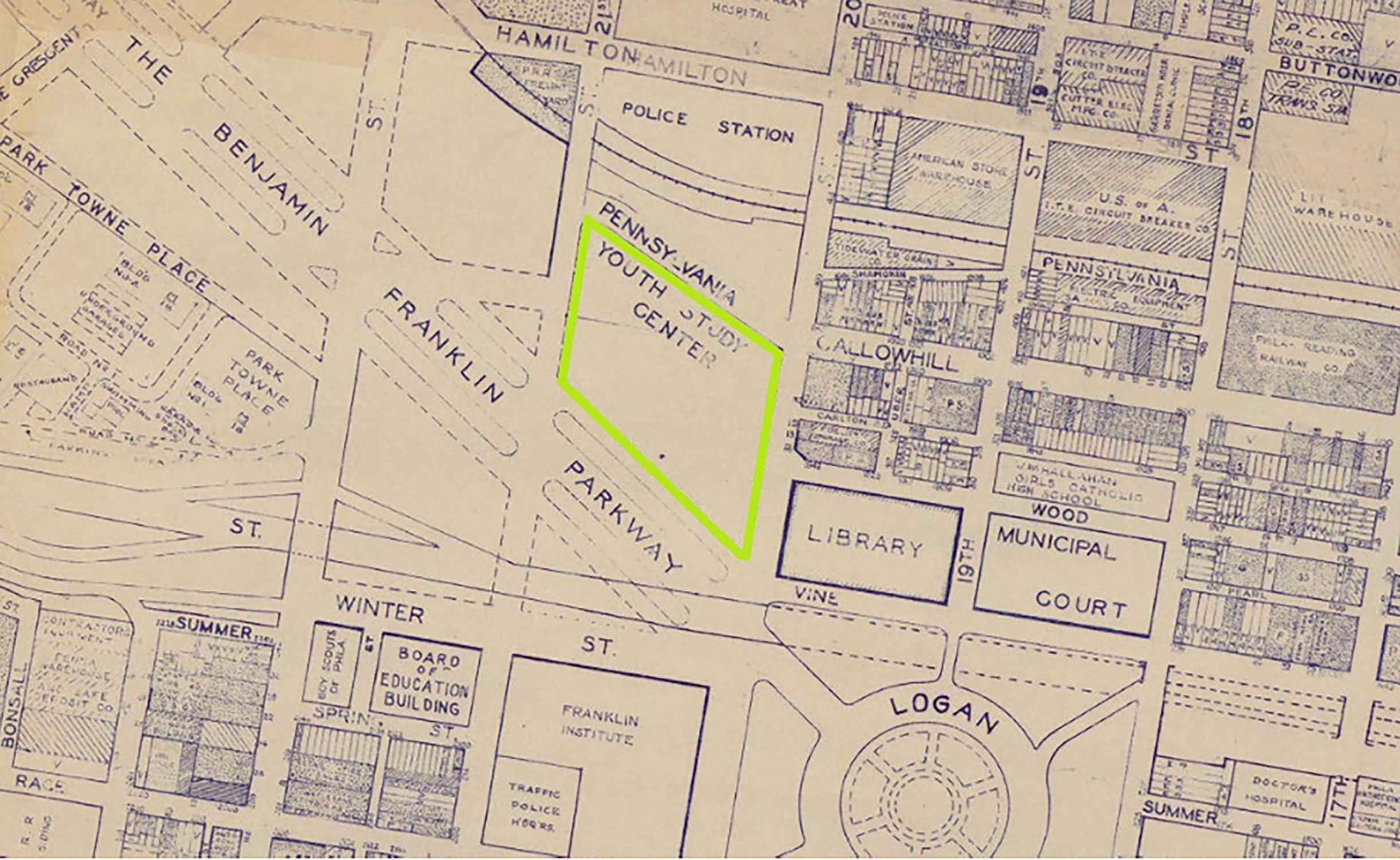 Vintage map section showing streets Franklin Parkway, Pennsylvania, Hamilton, and Callowhill, with labeled locations including Police Station, Youth Study Center outlined in green, Library, Municipal Court, and Franklin Institute.