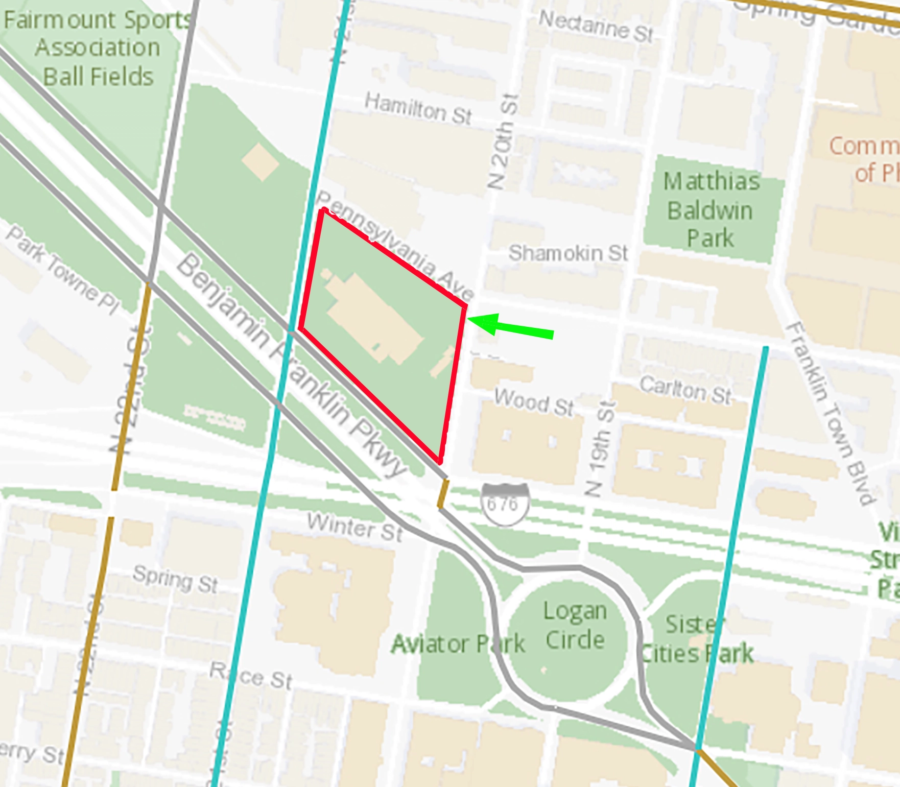 A map segment showing Benjamin Franklin Parkway and surrounding streets with a section outlined in red and pointed to by a green arrow, near Aviator Park and Logan Circle.
