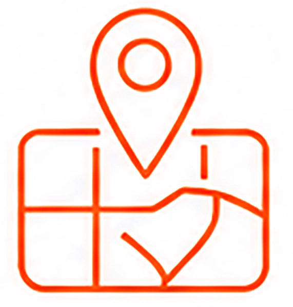 Red outline icon of a map with a location pin above it, indicating a marked spot or location.