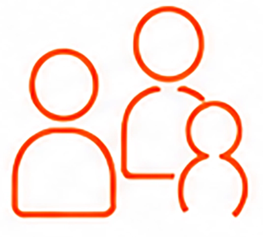 Outline icon of three human figures in orange, representing a group or community.