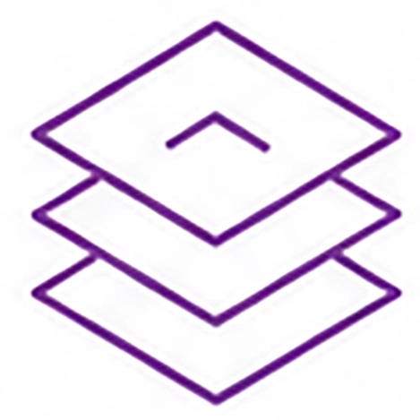 Purple outlined icon of three stacked layered squares with an upward arrow on the top layer.