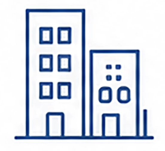 Simple blue line drawing of two buildings, one taller with three floors and three windows per floor, and a shorter one with two floors and three windows, each building has a door.