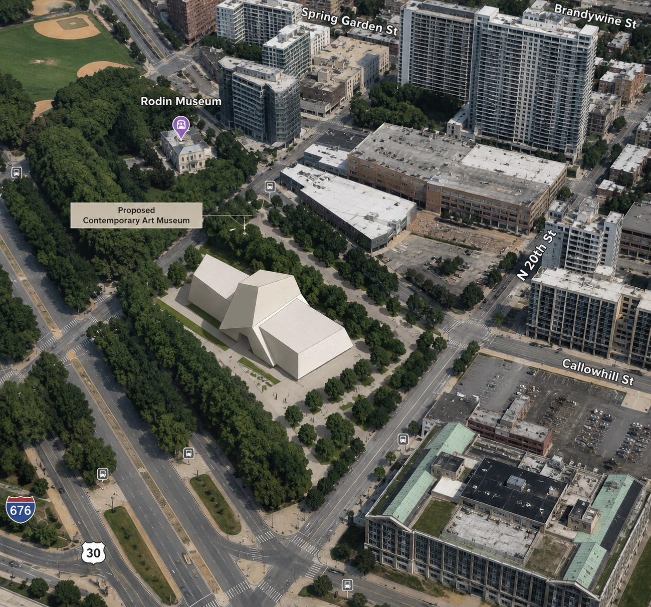 Aerial view of a city block showing the site of a proposed contemporary art museum with a modern geometric building design, surrounded by trees and intersected by streets labeled Spring Garden St, N 20th St, Callowhill St, and Brandywine St. Nearby landmarks include the Rodin Museum and a highway marked 676 and 30, with surrounding residential and commercial buildings.