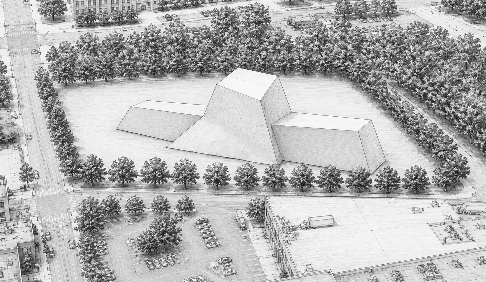 Black and white architectural sketch of a large, geometric building with trapezoidal shapes surrounded by trees and streets with cars and parking lots.