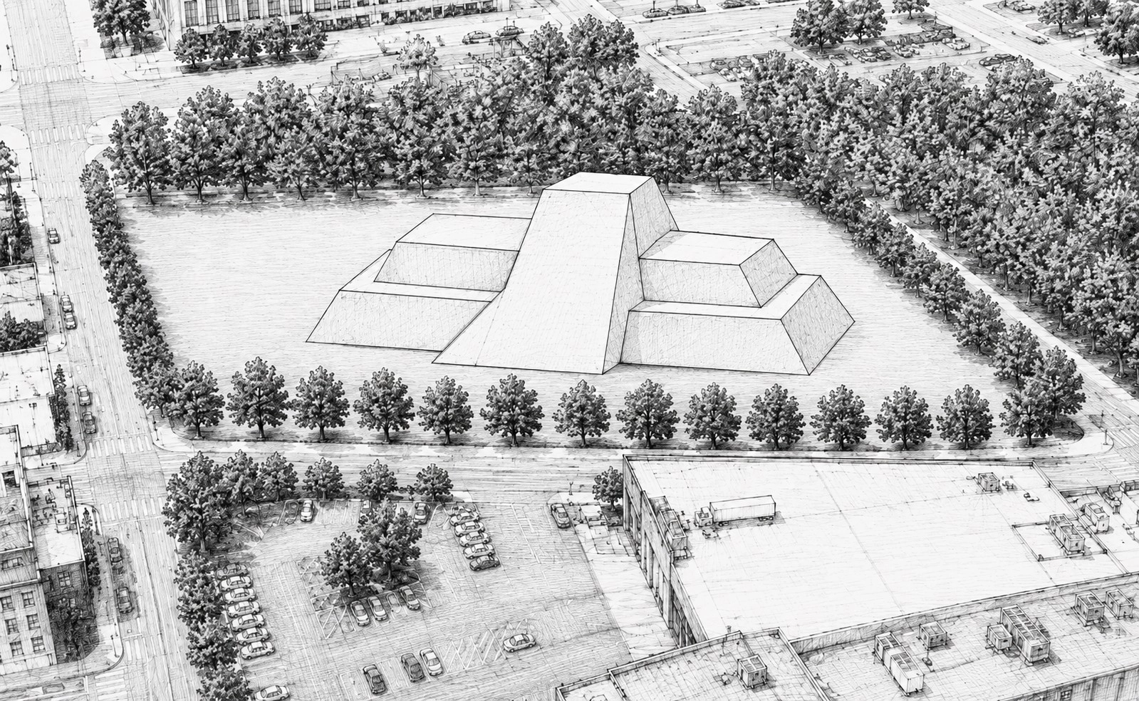 Black and white architectural sketch of a stepped pyramid structure surrounded by trees and urban buildings, with a parking lot visible in the foreground.