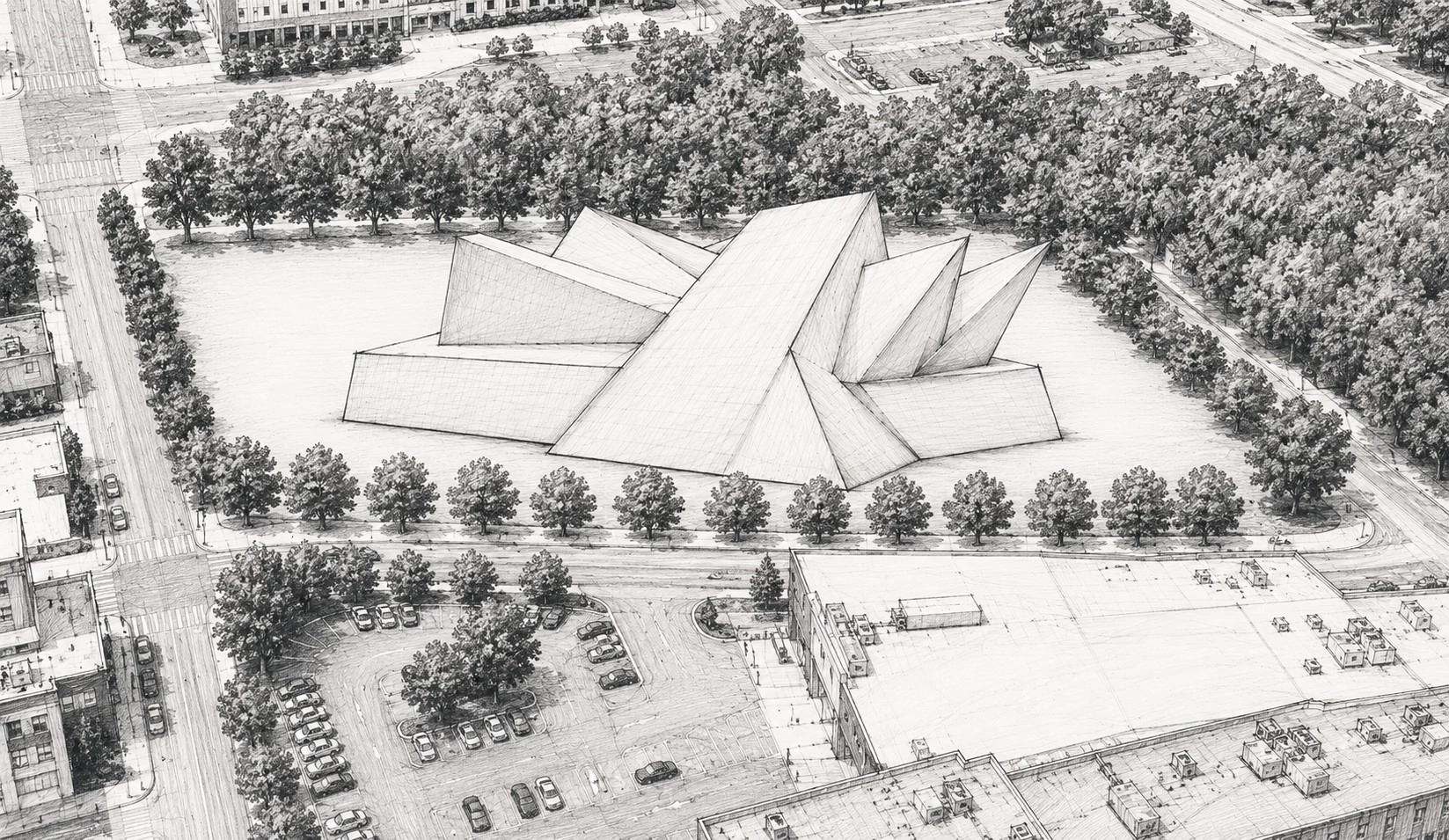 Black and white architectural sketch of a modern building with angular, folded roof structures surrounded by trees, parking lots, and streets in an urban setting.