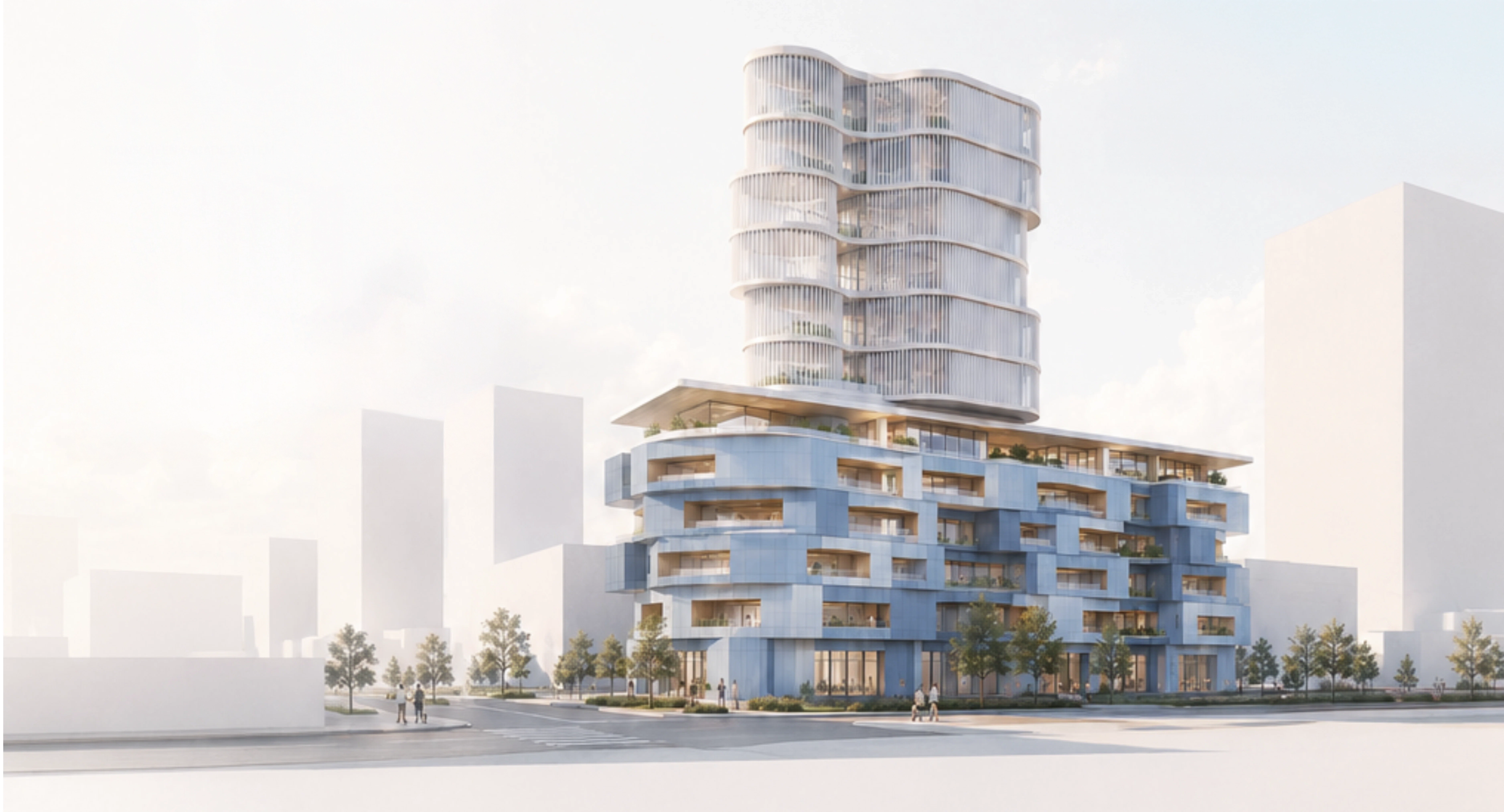 Modern multi-story building with a wider blue-tinted lower section featuring balconies and a taller upper section with a wavy, white façade, surrounded by trees and a few people walking on sidewalks in an urban setting.