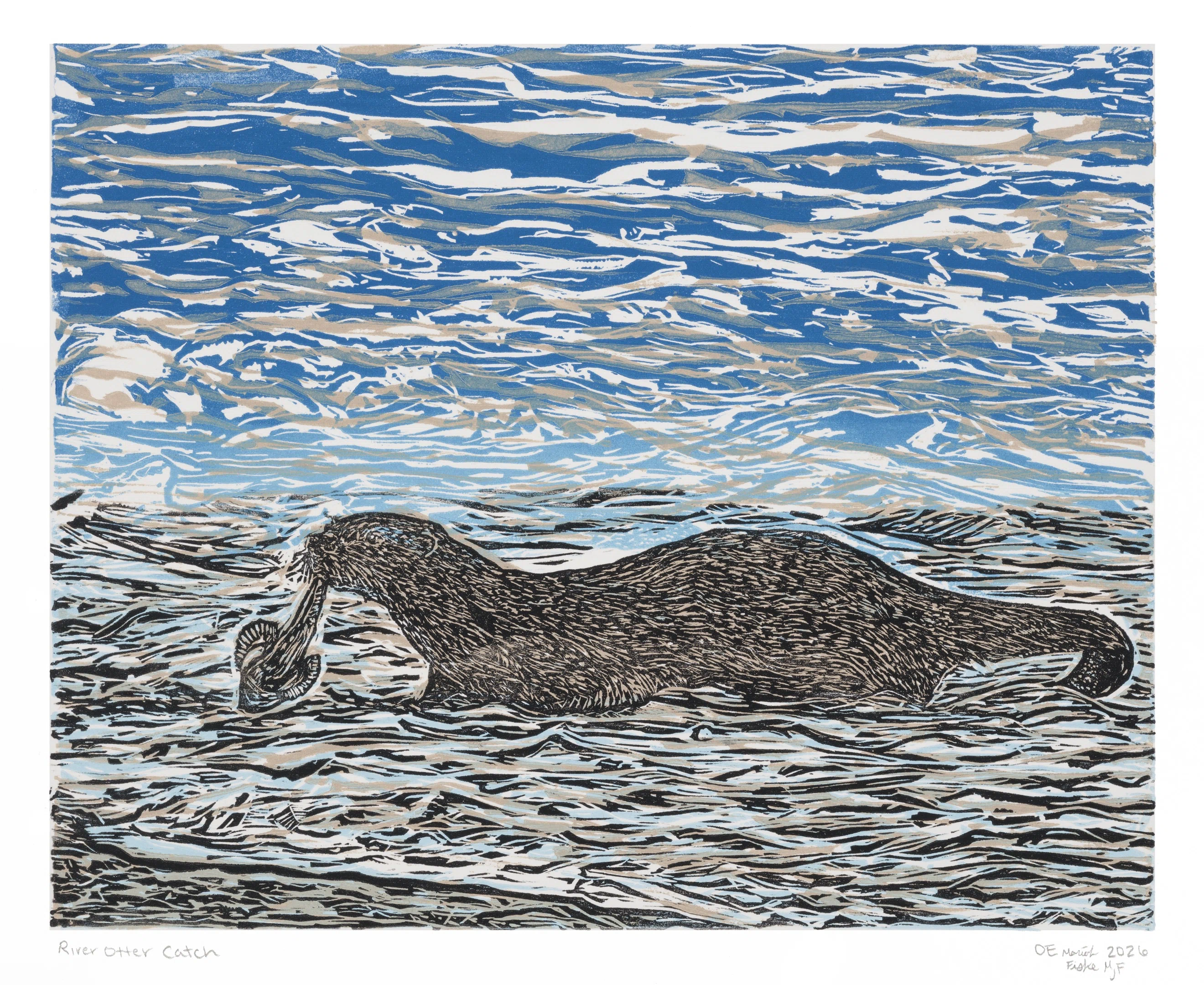 Artistic print of a river otter swimming in water while holding a fish in its mouth under a sky with swirling clouds.