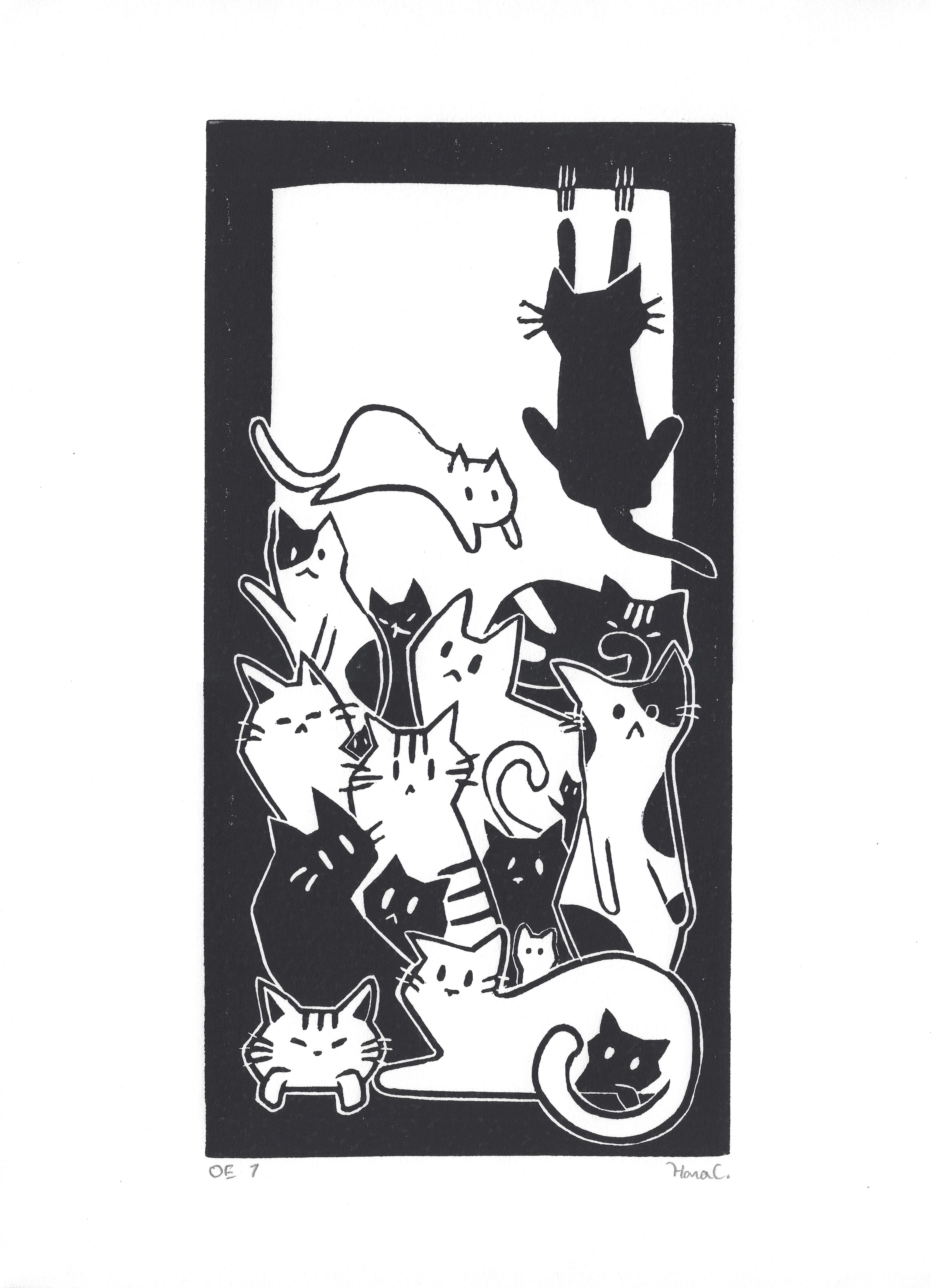 Black and white linocut artwork featuring a group of stylized cats in various poses inside a rectangular frame, including one hanging by its paws at the top and others sitting or lying down with simple facial expressions and varied patterns.