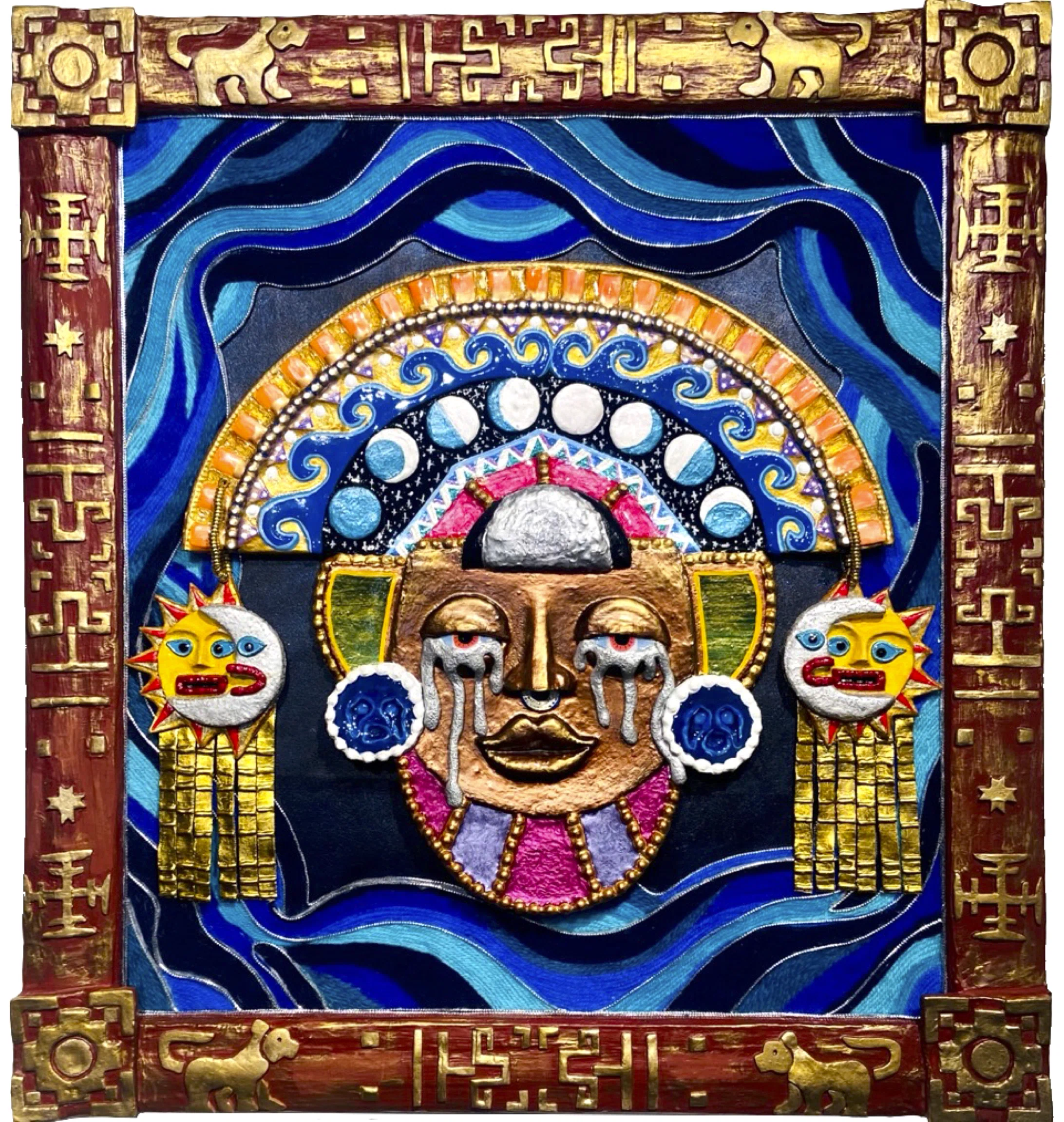 Artistic representation of a golden face with closed eyes and tears, adorned with blue circular earrings and a colorful headdress showing moon phases, surrounded by two sun and moon faces on gold tassels, all set against a blue swirling background framed by a decorative golden-brown border with animal and symbol motifs.