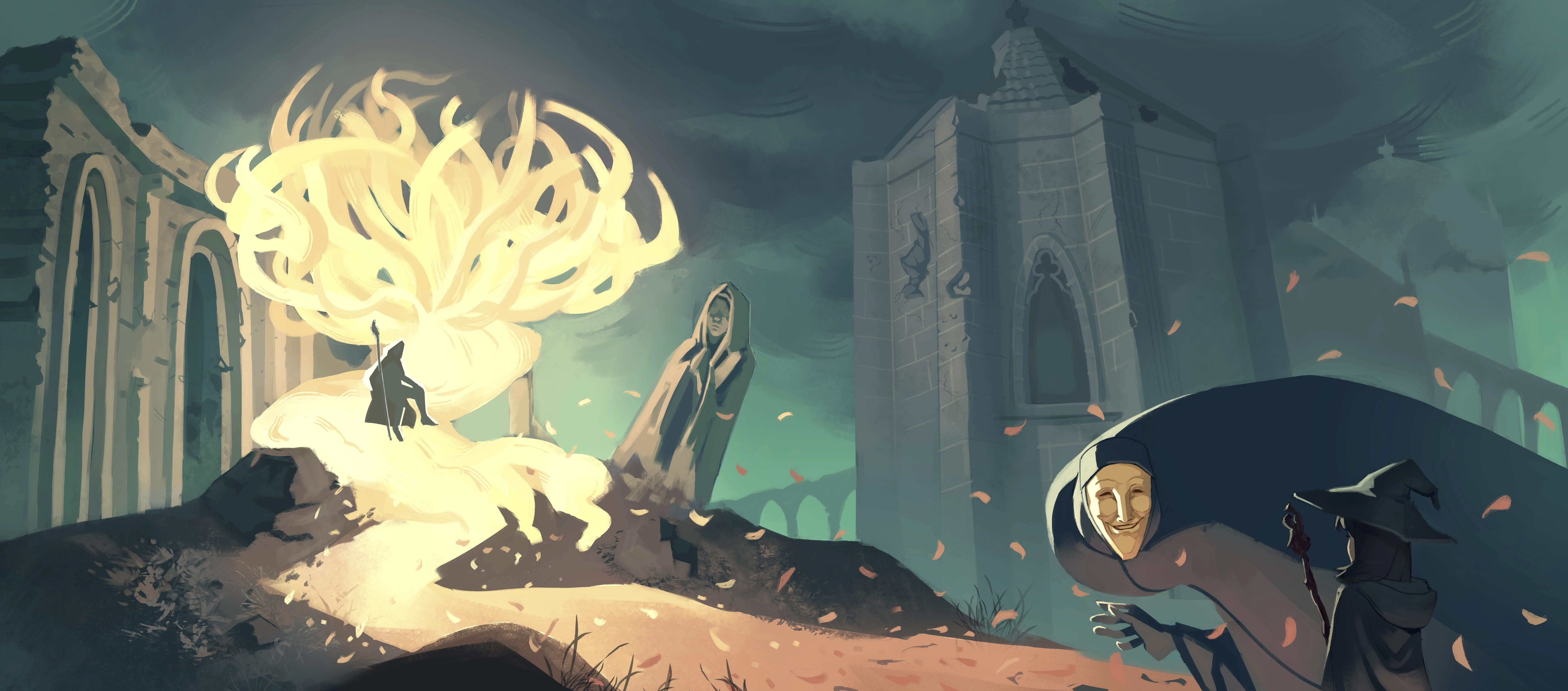 Fantasy scene with a glowing mystical tree emitting light and smoke, a cloaked figure standing beside a giant creature with a mask, ruins and a statue in the background, and swirling leaves in the air.
