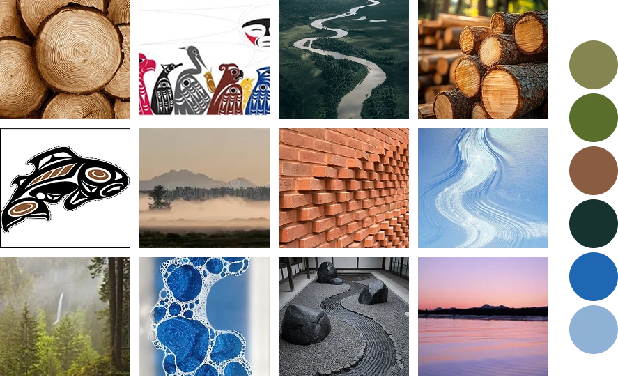 Twelve images arranged in a grid: cross-sections of tree trunks showing annual rings, Indigenous-style artwork of birds, aerial river meandering through a forest, stacked logs with cut ends visible, Indigenous-style killer whale art, misty mountain landscape with trees, detailed red brick wall, ice or snow patterns on blue surface, waterfall in forest with pine trees, close-up of blue bubbles in liquid, Japanese zen garden with rocks and raked gravel, tranquil lake at sunset with a pink sky and distant mountains.