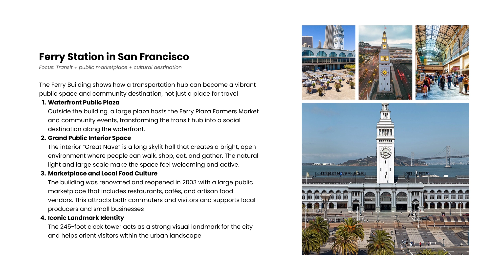Overview of San Francisco Ferry Building with its 245-foot clock tower by the waterfront plaza with outdoor seating, an aerial view of the clock tower at sunset, and an interior view of a busy skylit hall with people walking through shops and restaurants.