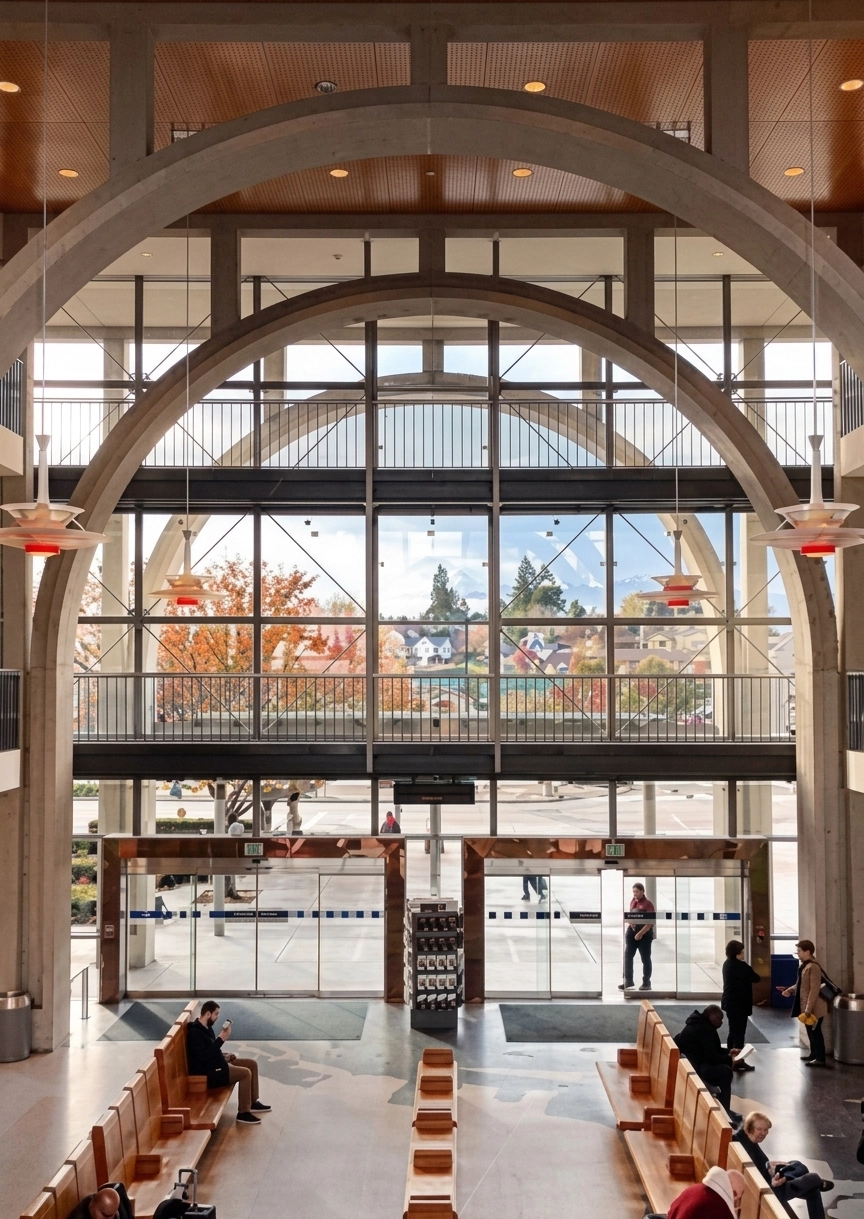 Interior view of a modern transportation station with large concrete arches and floor-to-ceiling glass walls showing colorful autumn trees and houses outside. Inside, wooden benches line both sides of the central hallway where several passengers sit or stand. Metal-framed glass doors lead outside, and pendant lights hang from the ceiling.