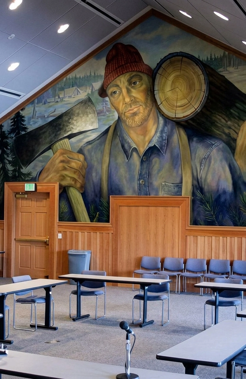 Interior of a meeting room with gray tables and chairs arranged in a U-shape, featuring a large mural of a lumberjack wearing a red knit cap, blue shirt, and suspenders, holding an axe over his shoulder with a log behind him, set against a forest and campsite background.