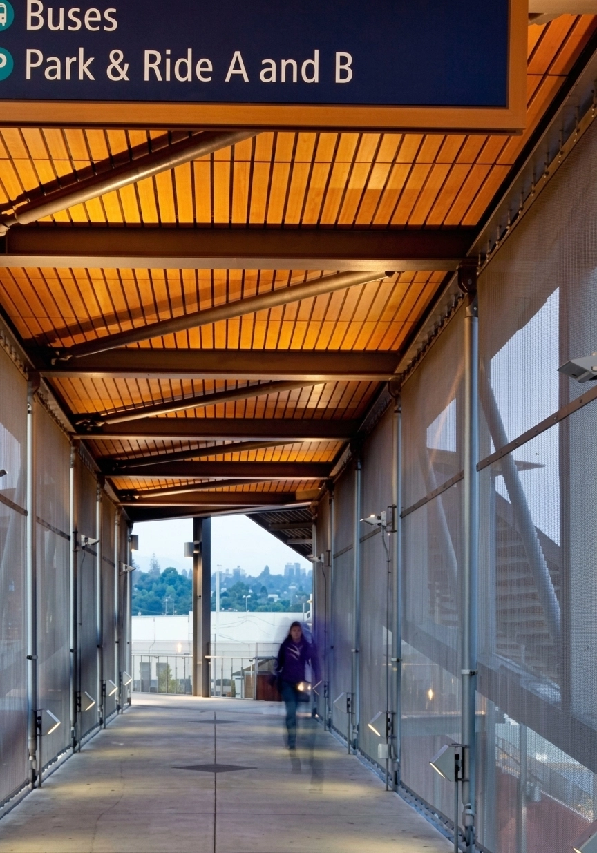 Covered walkway with wooden ceiling panels, metal beams, and mesh sidewalls; a blurry figure walks toward the camera under a sign showing directions for buses and Park & Ride A and B.