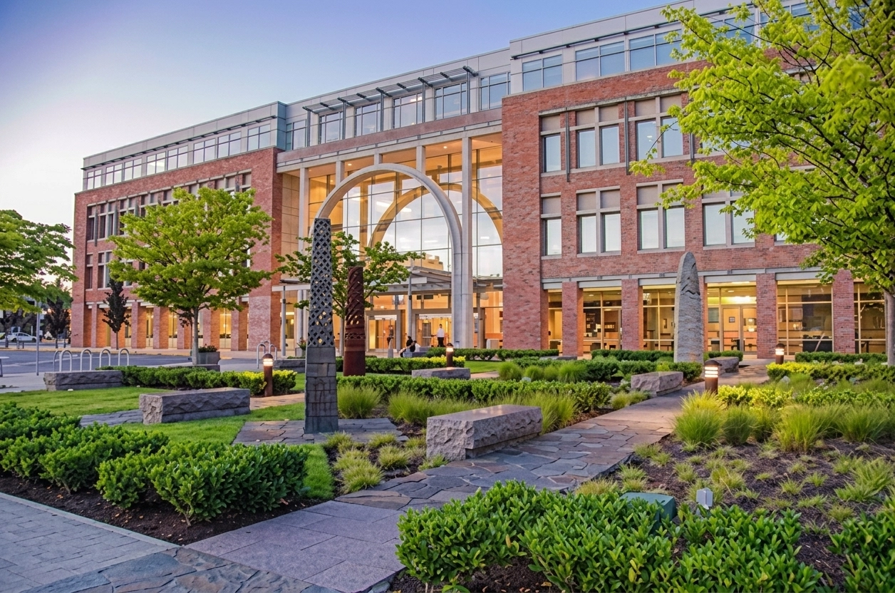 Modern brick building with large glass entrance and metal arches, surrounded by green landscaped garden with trees, ornamental grass, stone benches, and vertical sculptures along stone pathways during early evening.