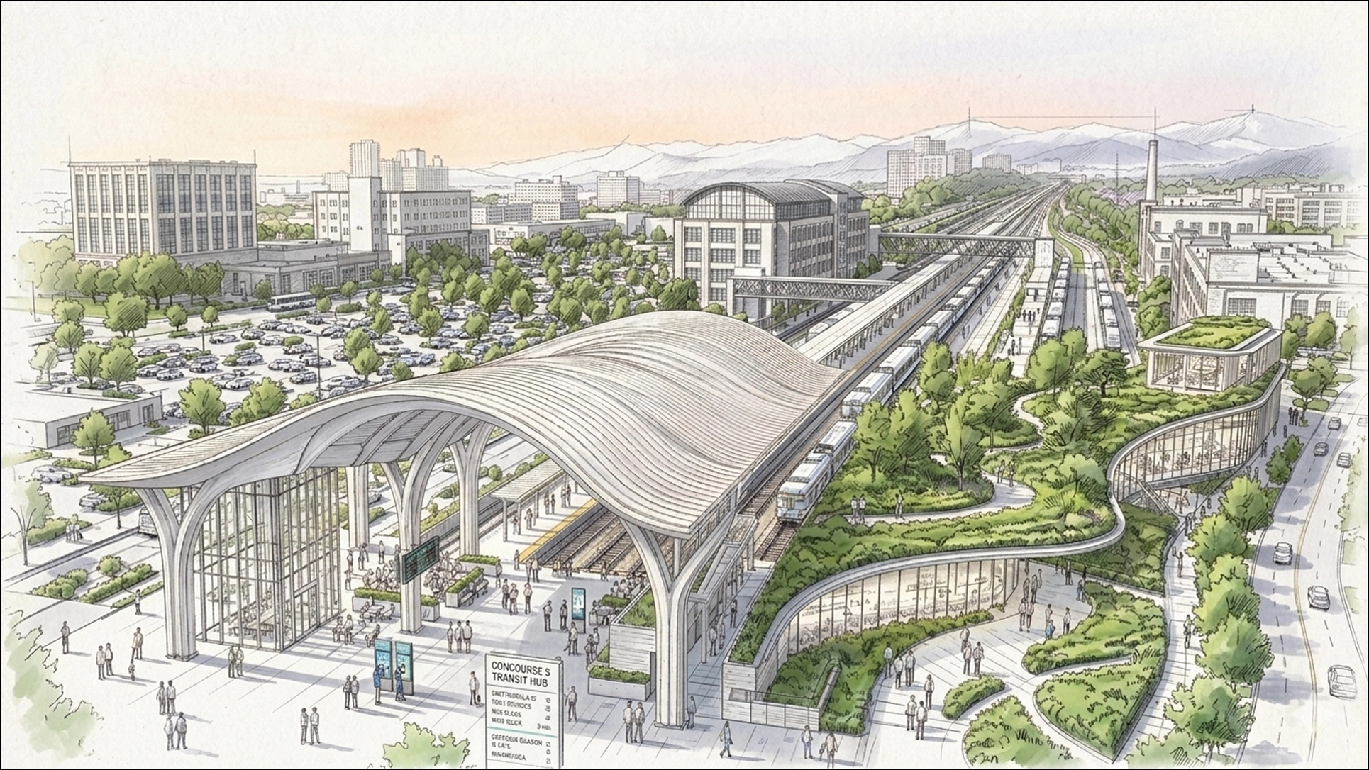 Architectural illustration of a modern transit hub with a wavy roof covering platforms where trains arrive and depart, surrounded by green landscaped paths with people walking, and adjacent urban buildings under a soft pastel sky.