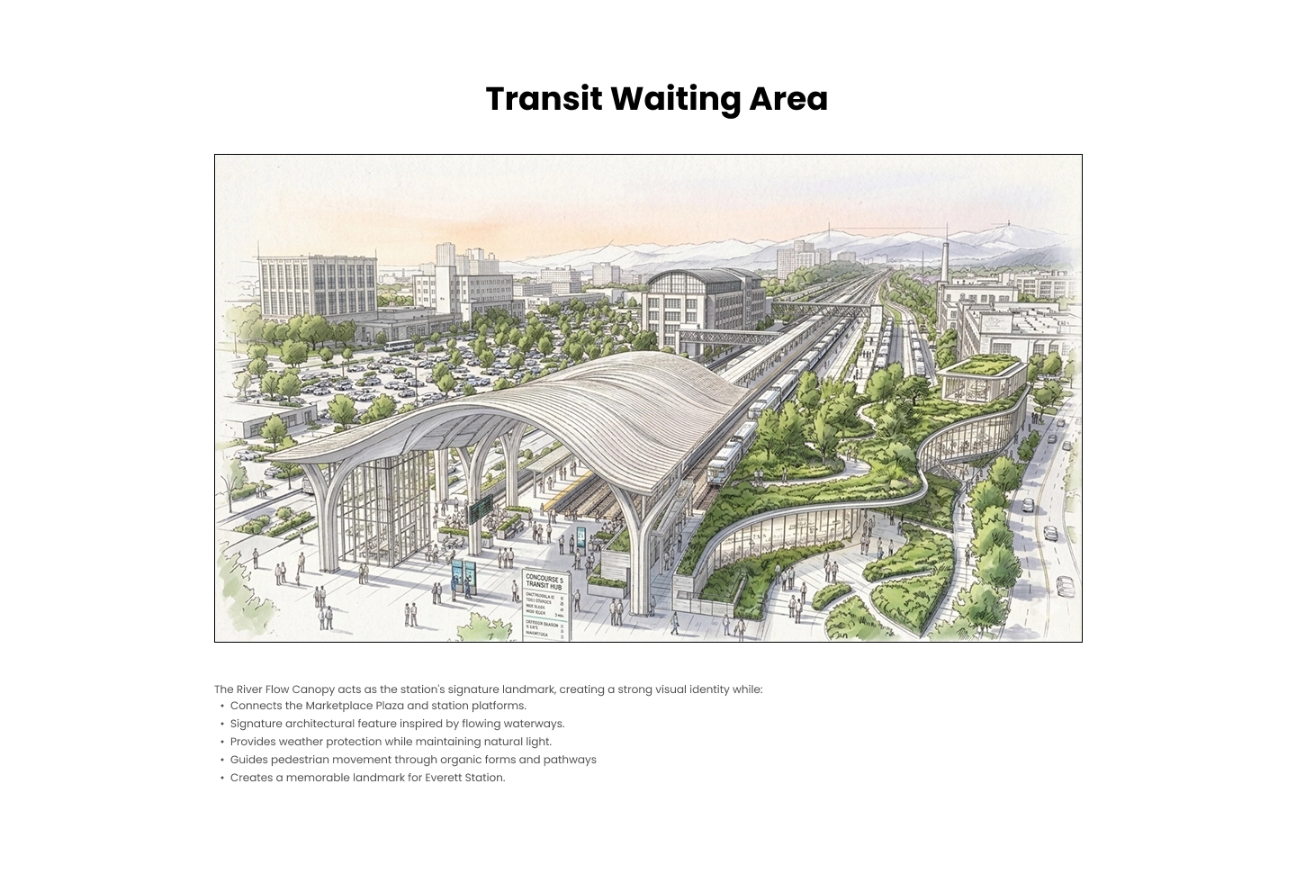 Architectural illustration of Everett Station's transit waiting area featuring a large flowing canopy roof structure over the platforms, surrounded by landscaped green spaces and pathways, with buildings and mountains in the background.
