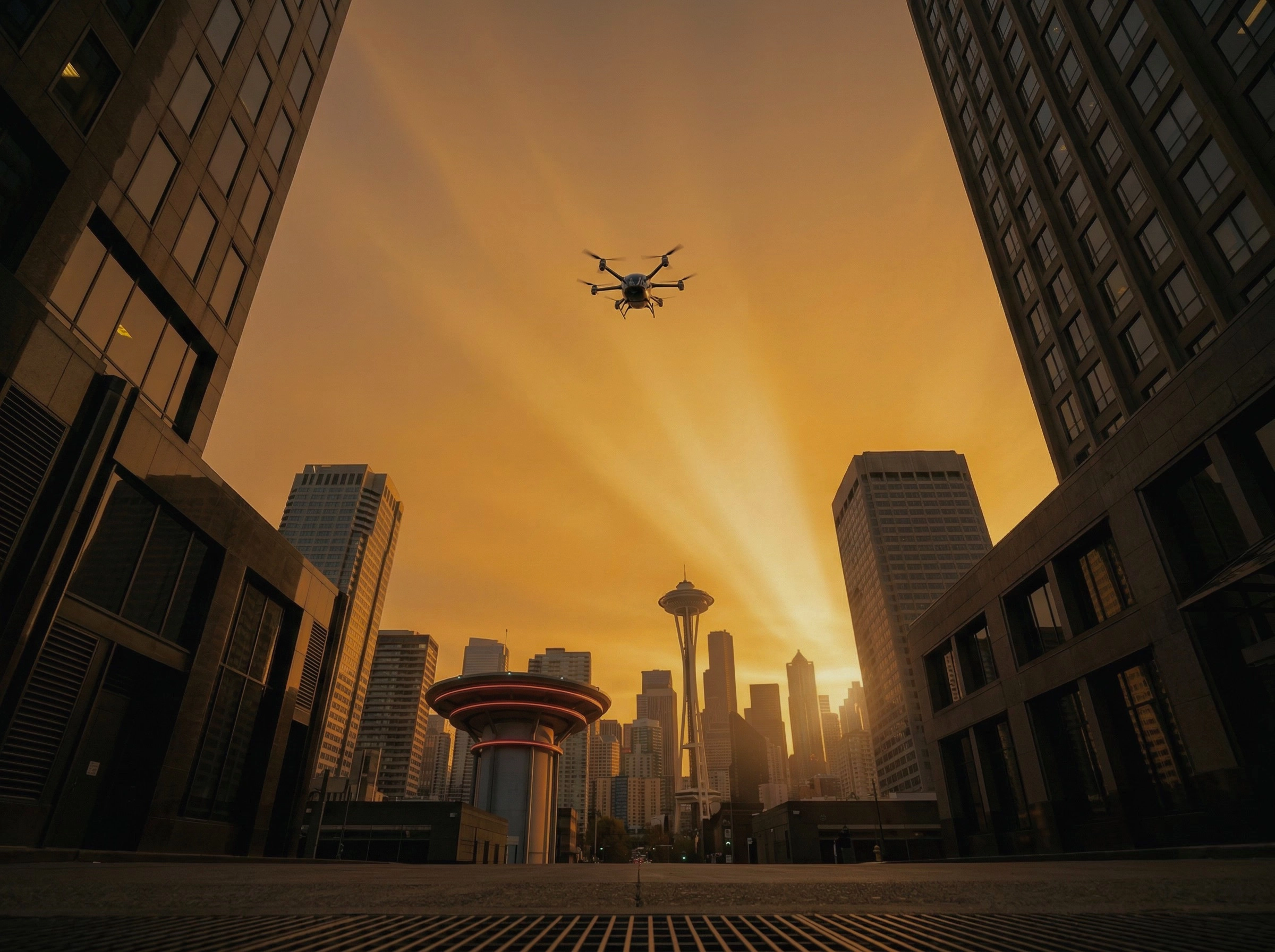 Drone hovering above a city street with tall buildings on either side at sunset, with the Space Needle and sun rays visible in the background.