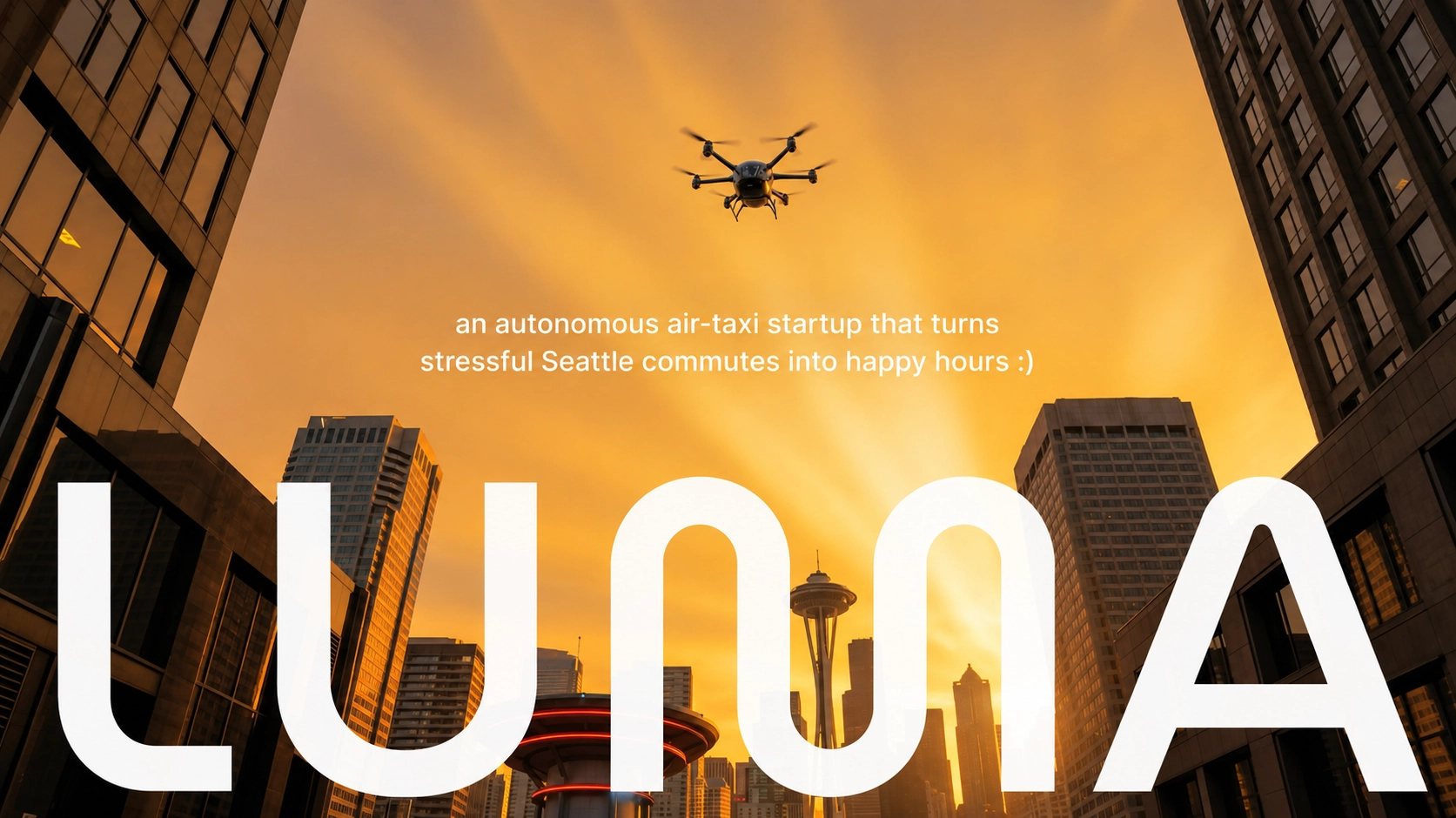 Cityscape with tall buildings and the Seattle Space Needle at sunset, a drone flying above, and text describing an autonomous air-taxi startup improving Seattle commutes.