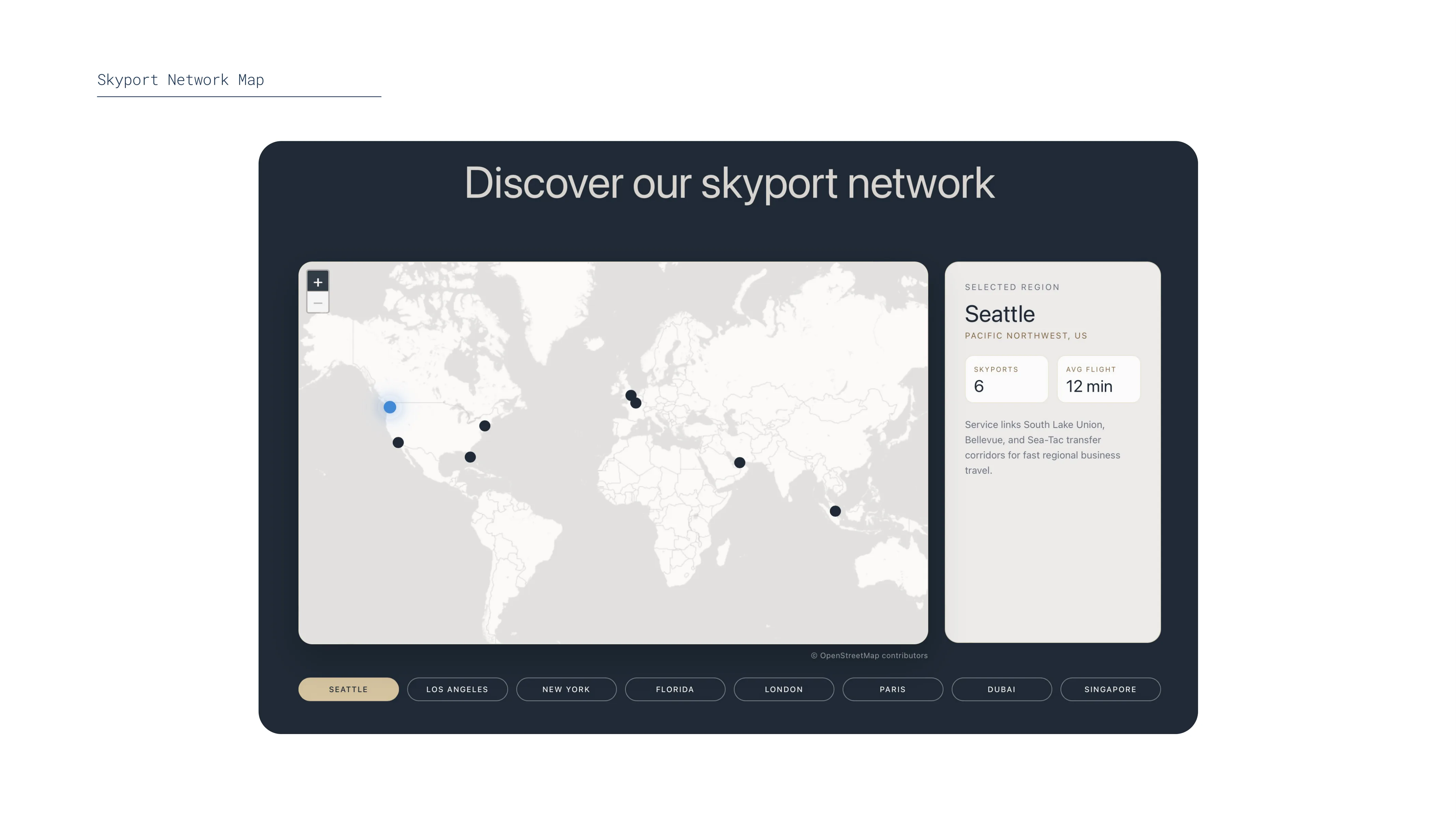 Skyport network map interface showing global locations with highlighted Seattle region, featuring six skyports and an average flight time of 12 minutes, alongside a short description of service links for business travel.