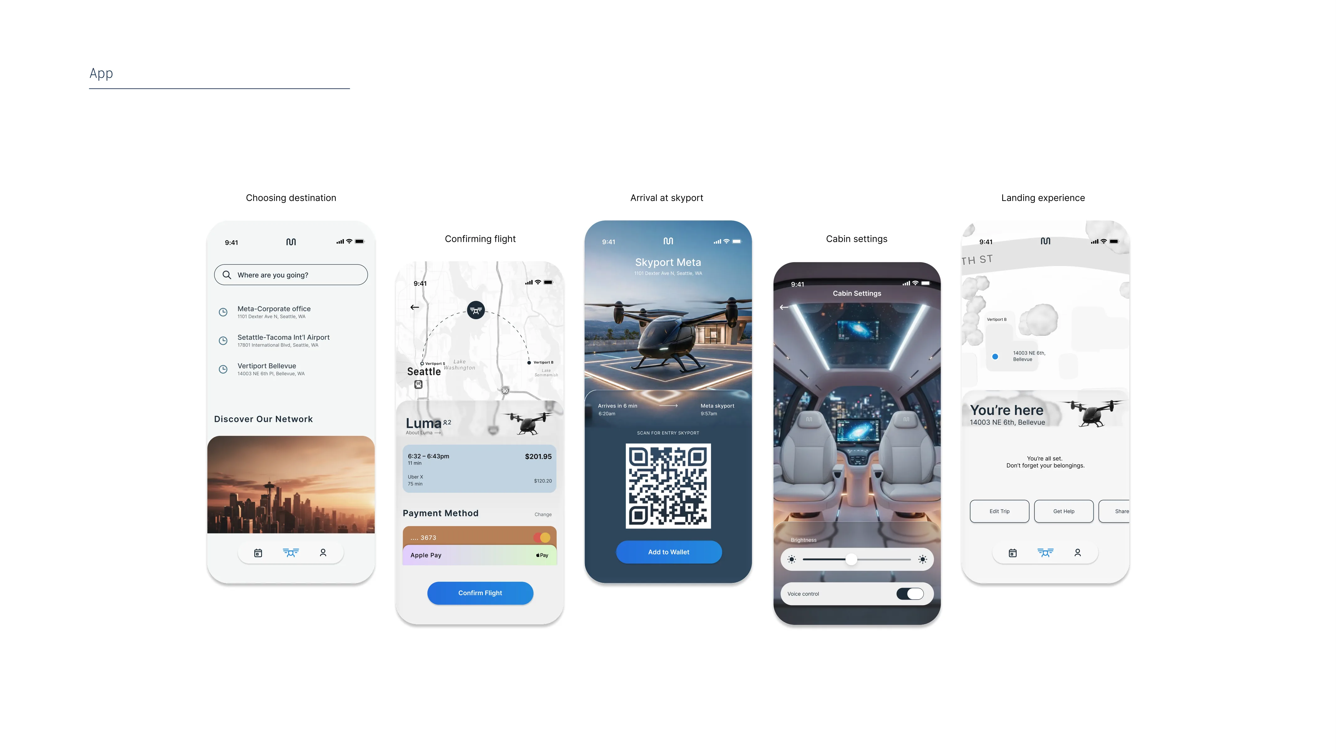 Five smartphone screens showing app interface for booking and managing urban air travel, including destination selection with Seattle and Bellevue locations, flight confirmation with payment options, arrival screen displaying a drone-like air taxi and QR code for access, cabin settings with interior lighting and voice control adjustments, and landing confirmation with a map and user location.