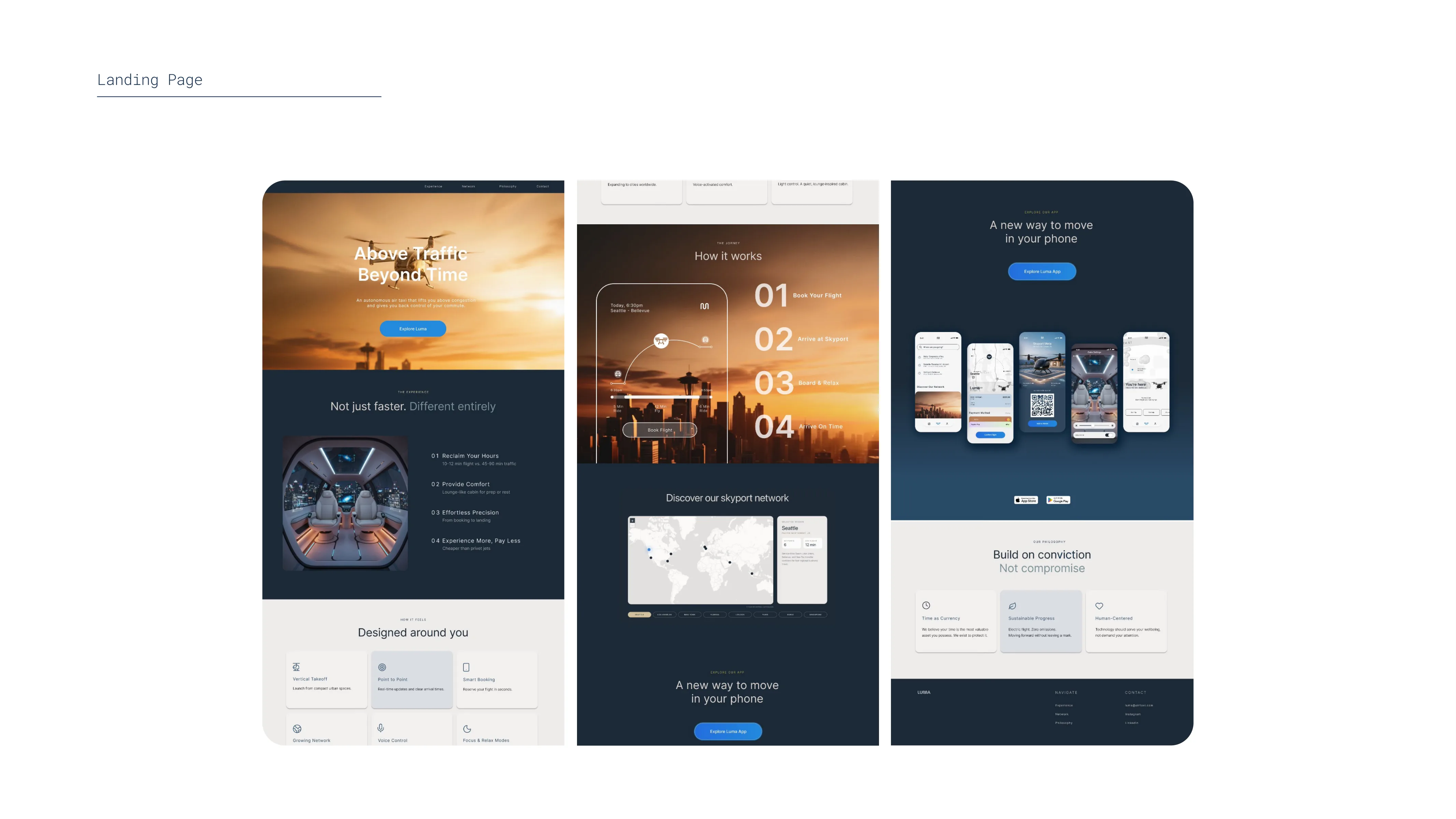 Website landing page for an autonomous air taxi service named Luma, showing three vertical sections: left section with headline 'Above Traffic Beyond Time', a button to explore Luma, four feature points, and an interior cabin image; middle section showing flight booking steps over a cityscape background with map of skyport network and a button to explore the app; right section featuring a slogan 'A new way to move in your phone', smartphone app screenshots, core philosophy points, and footer navigation and contact info.