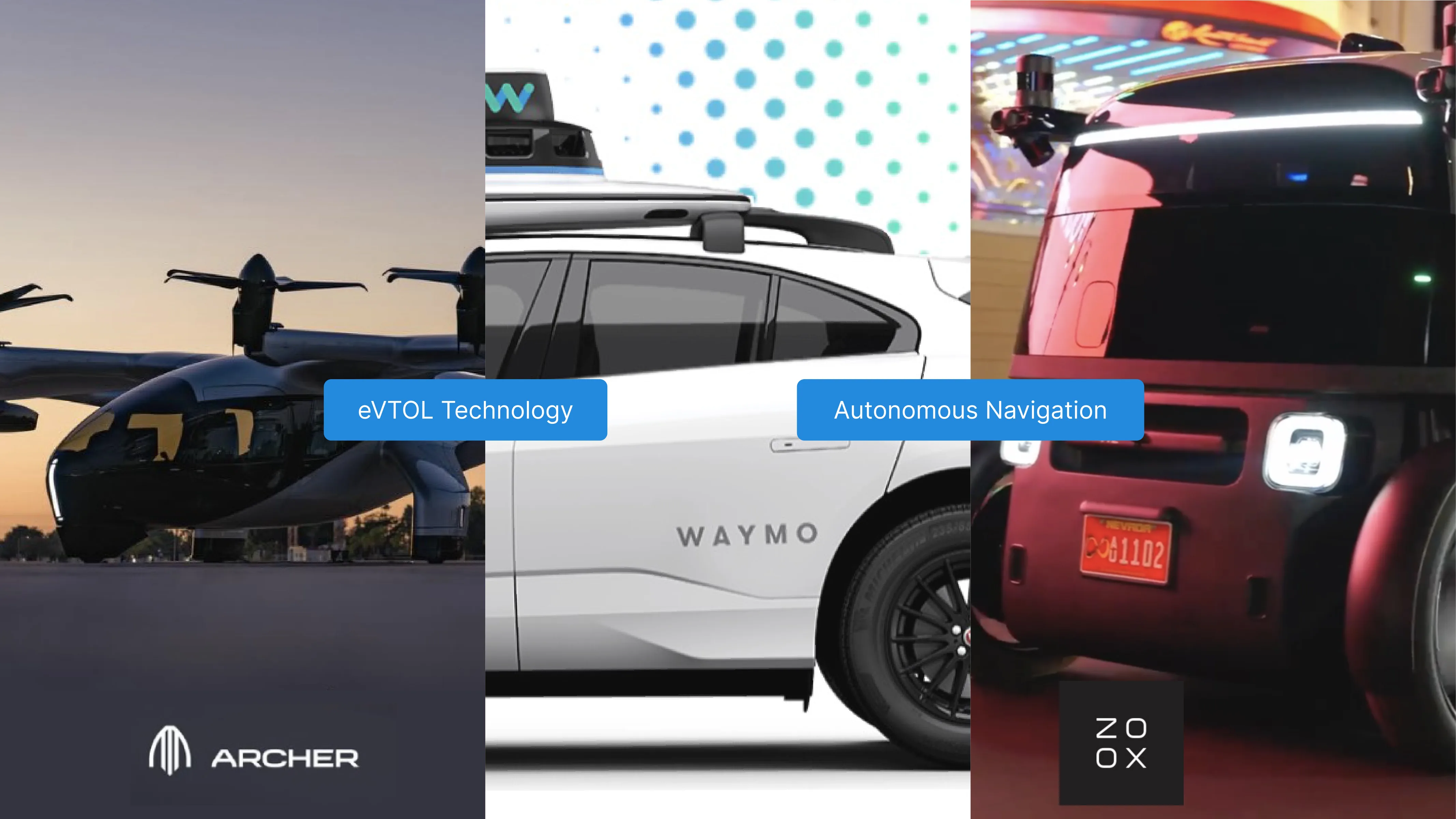 Three-panel image showing different transportation technologies: left panel depicts an Archer eVTOL aircraft on a runway at sunset, middle panel shows a Waymo autonomous vehicle side view with text 'eVTOL Technology' and 'Autonomous Navigation', and right panel features a Zoox autonomous vehicle front view with headlights on and a red license plate.