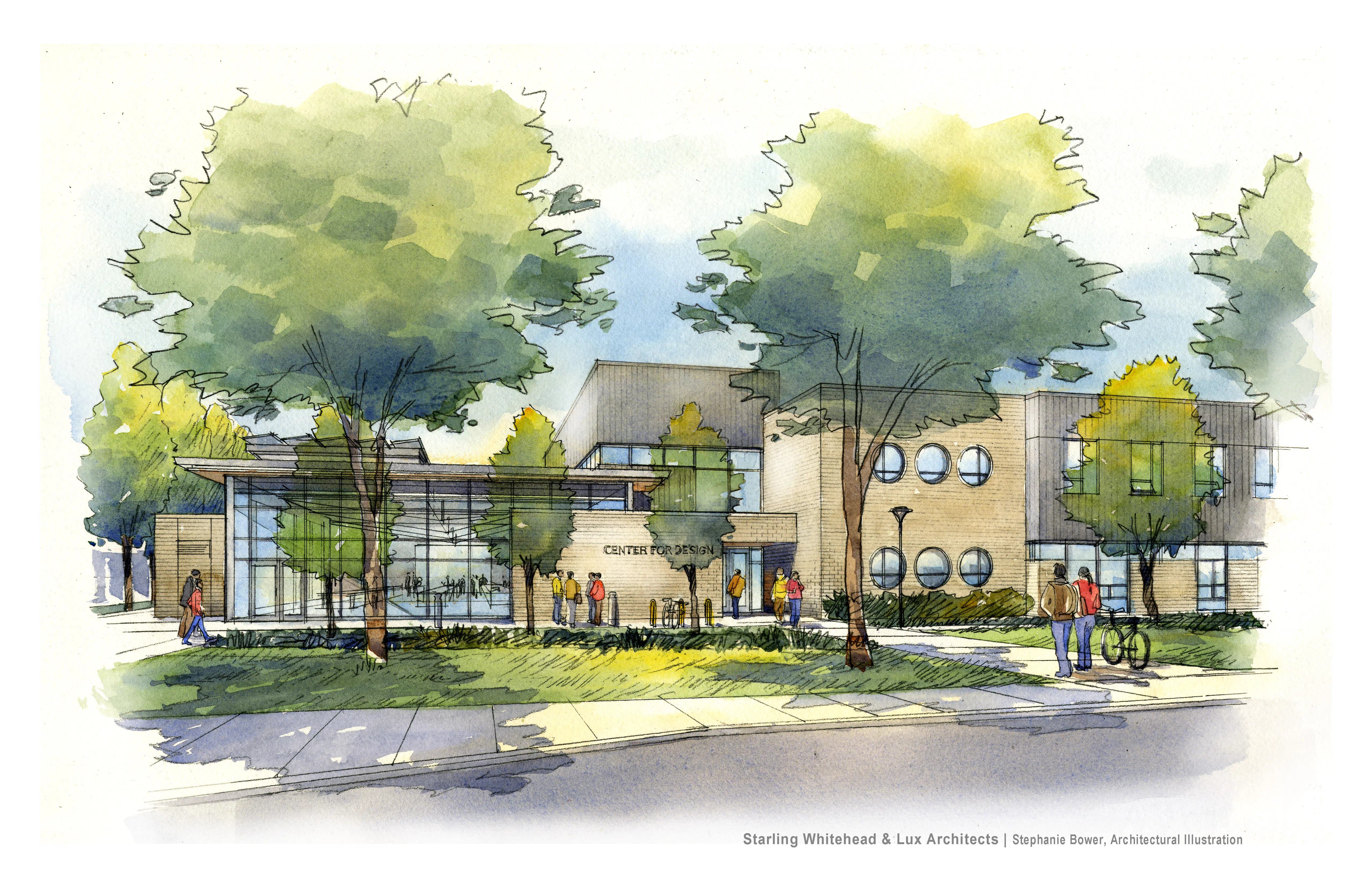Watercolor architectural illustration of a modern two-story building labeled 'Center for Design' with large glass windows, surrounded by green trees and people walking or standing outside on a sidewalk and lawn.