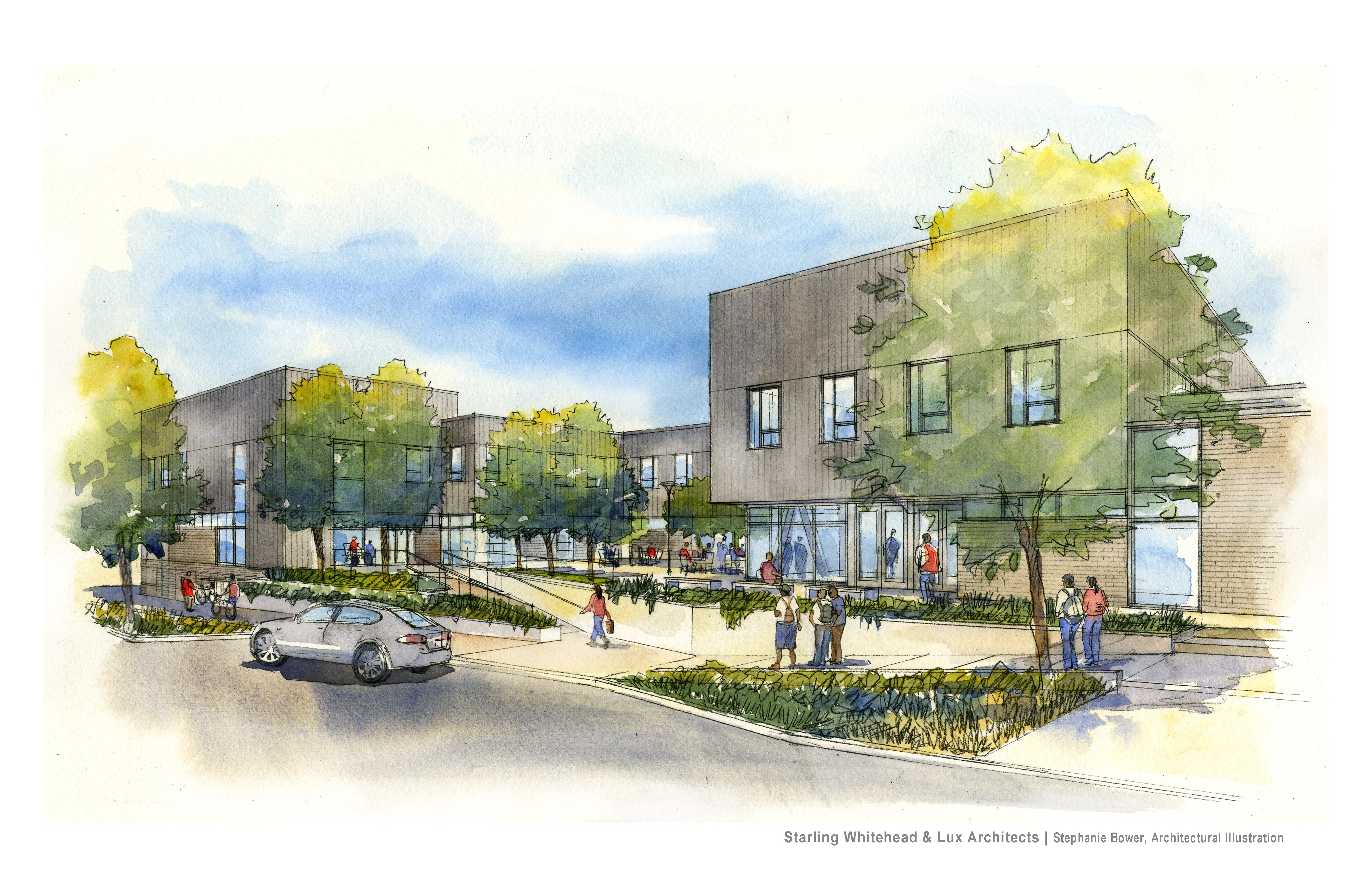 Architectural watercolor illustration of a modern, two-story building complex with large windows, surrounded by green trees and landscaping, with people walking and conversing outside and a silver car parked on the street.
