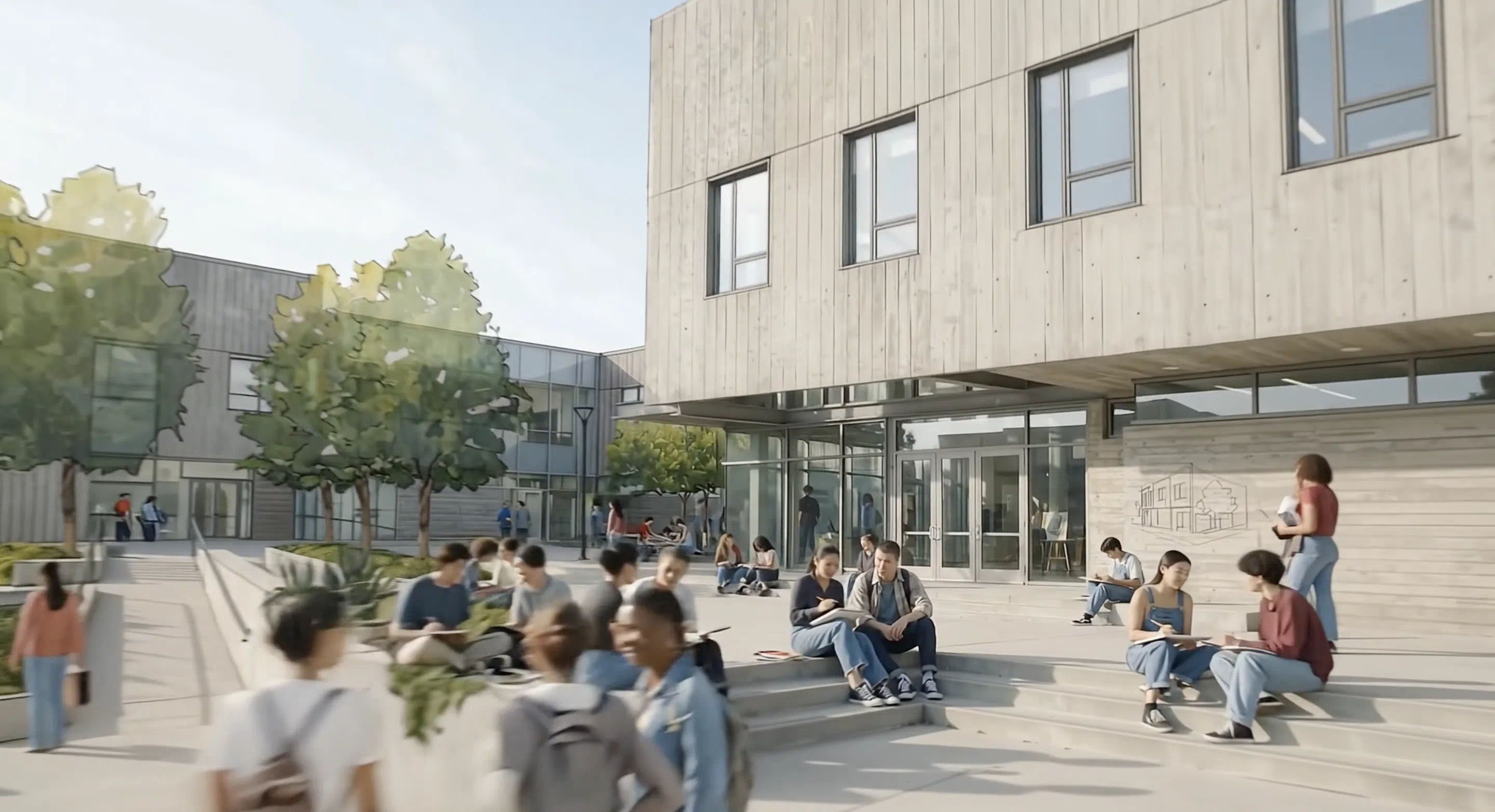 Students gathering outside a modern school building with large windows and concrete steps, sitting and talking in groups on a sunny day.