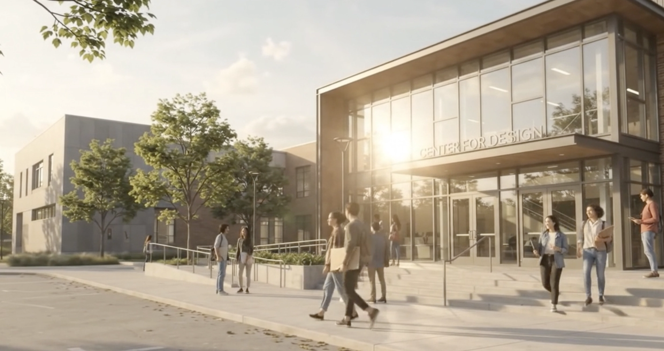 Students walking and chatting outside a modern glass-front building labeled Center for Design on a sunny day with green trees around.