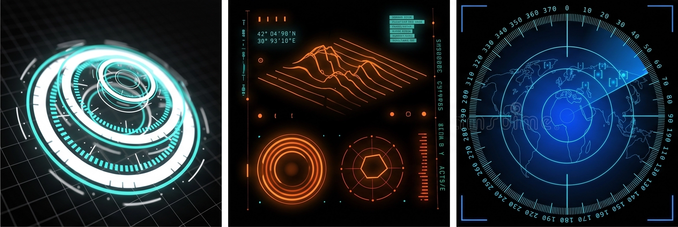 Three futuristic digital interface panels: left shows glowing turquoise concentric circles and tick marks on a grid background; center displays orange glowing mountain contour lines, circular and polygon radar charts, with coordinates and data; right panel is a blue radar screen with concentric circles and crosshairs over a world map and degree markings around the edge.