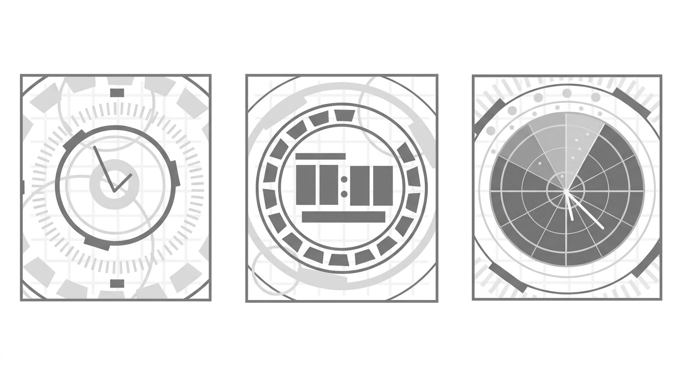 Three futuristic circular HUD interface designs in grayscale, each with segmented rings, geometric shapes, and radial grid lines, arranged side by side on a white background.