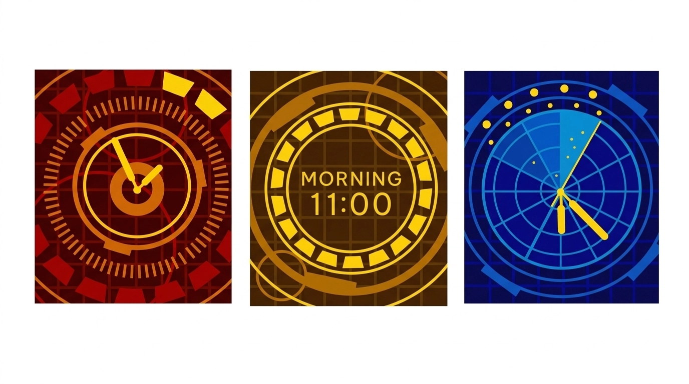Three futuristic digital interface panels: the left panel shows a clock with yellow hands on a red circular grid; the middle panel displays the text 'MORNING 11:00' within a yellow segmented circular pattern on a brown background; the right panel depicts a radar screen with yellow dots and two bold yellow pointers on a blue circular grid.