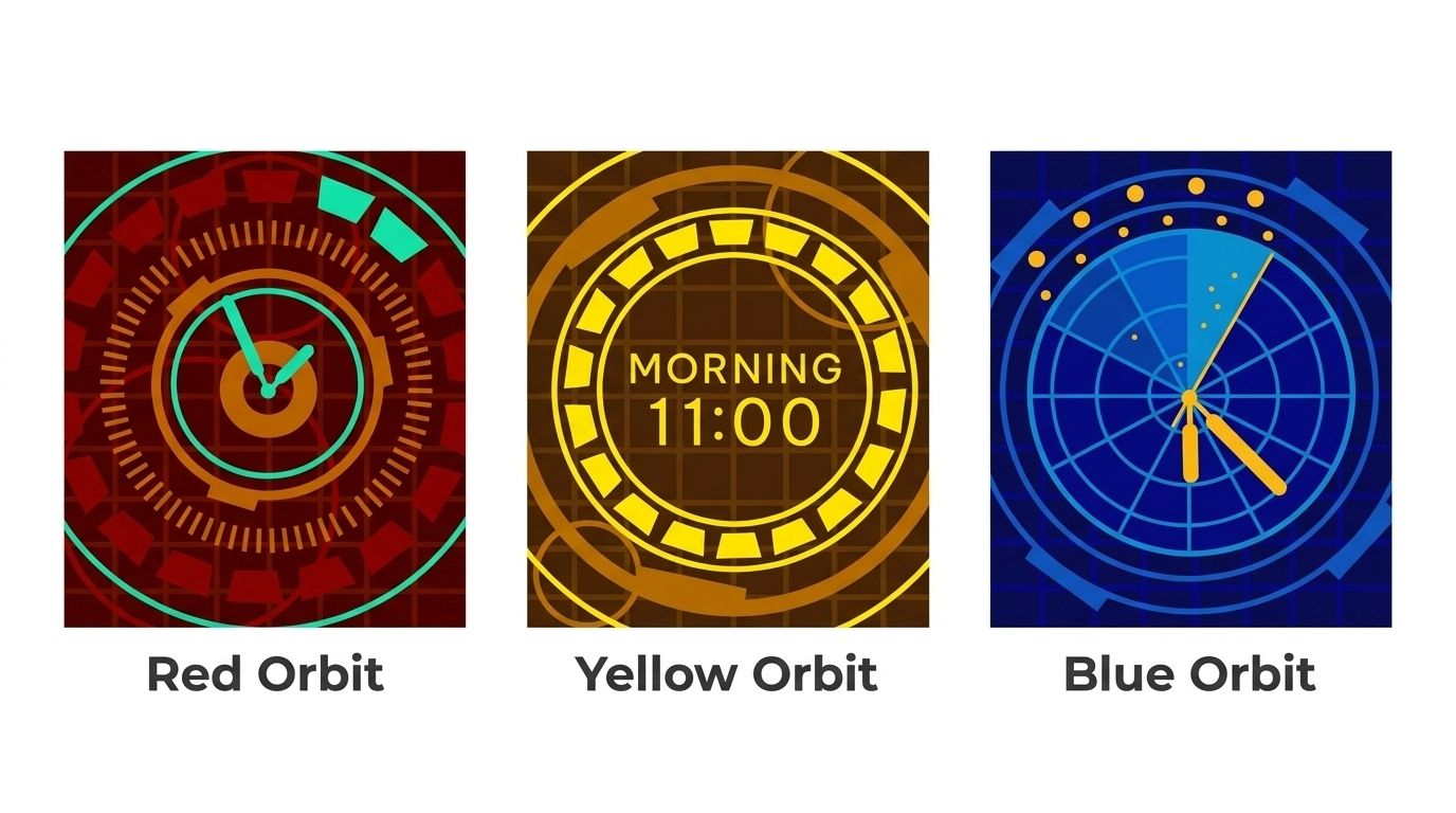 Three digital orbit-style clock designs labeled Red Orbit, Yellow Orbit, and Blue Orbit: Red Orbit shows a clock at about 11:00 with red and teal interfaces; Yellow Orbit displays the time 11:00 AM with yellow circular patterns on a dark background; Blue Orbit features a blue radar-like circular design with clock hands pointing close to 4:00.