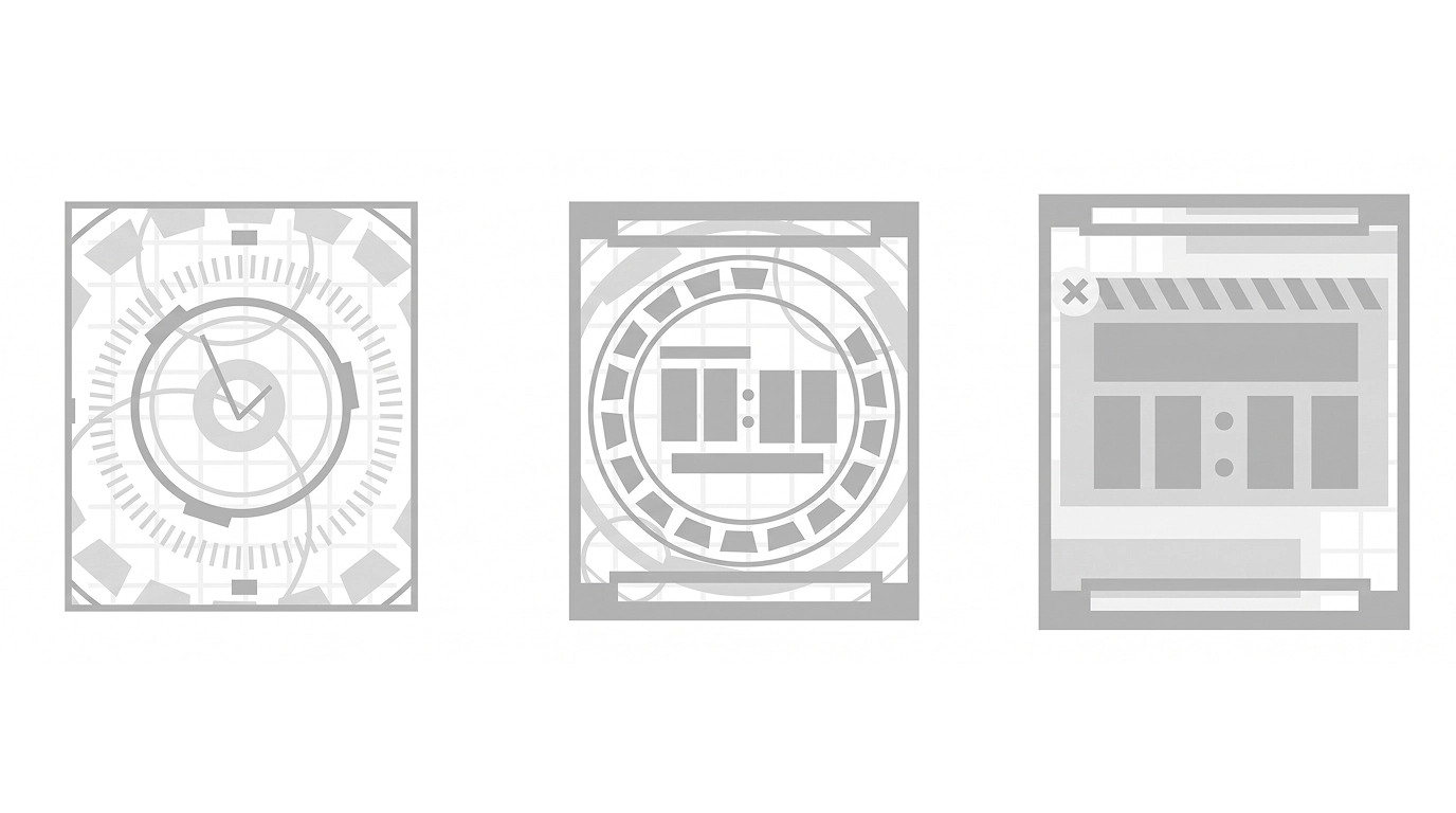 Three grayscale digital interface panels showing circular and rectangular HUD elements with segments, dials, bars, and grids arranged in square frames on a white background.