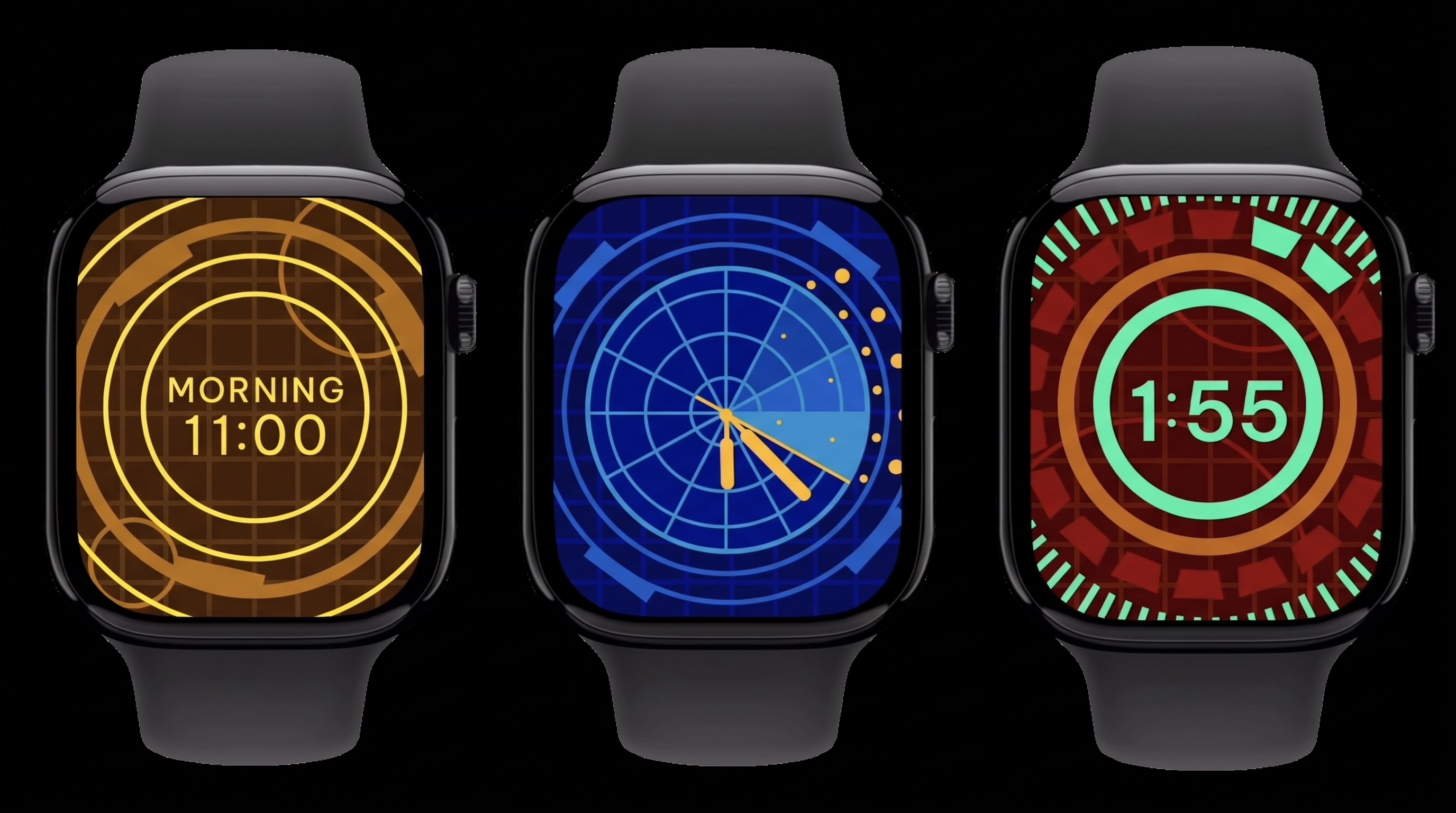 Three smartwatches with black bands display unique, colorful circular interface designs: the left one shows 'MORNING 11:00' in yellow on brown concentric circles, the middle one shows a blue radar-style clock with orange hands and dots, and the right one shows a red and green-themed timer displaying 1:55.