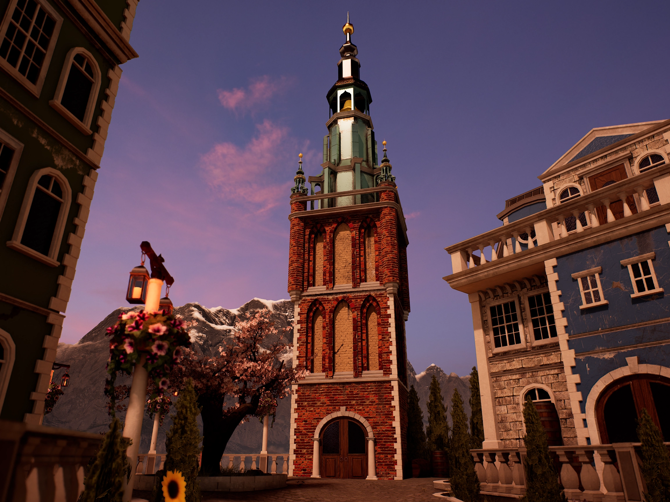 A tall brick clock tower with arched windows and a pointed spire in a quaint European-style village square at sunset, surrounded by decorative buildings, flowering plants, and distant snow-capped mountains under a purple sky.