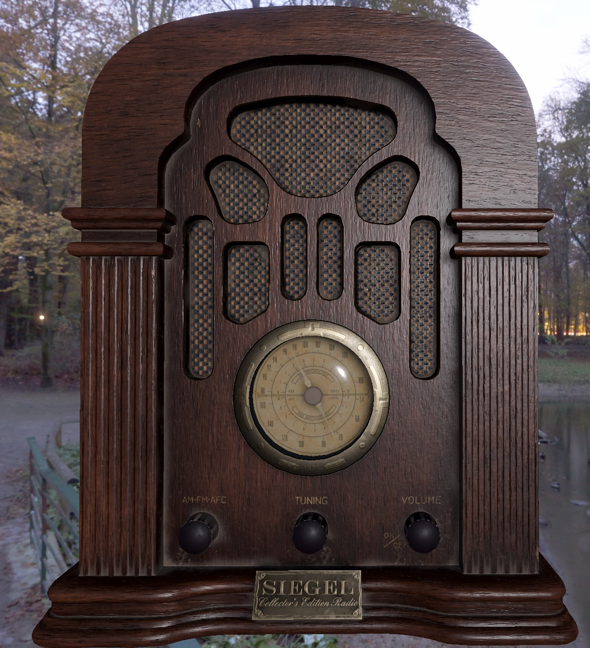 A Siegel Collector's Edition vintage wooden tabletop radio with an arched top, decorative grill, circular tuning dial, and three black knobs labeled AM-FM-AFC, Tuning, and Volume with on/off switch.