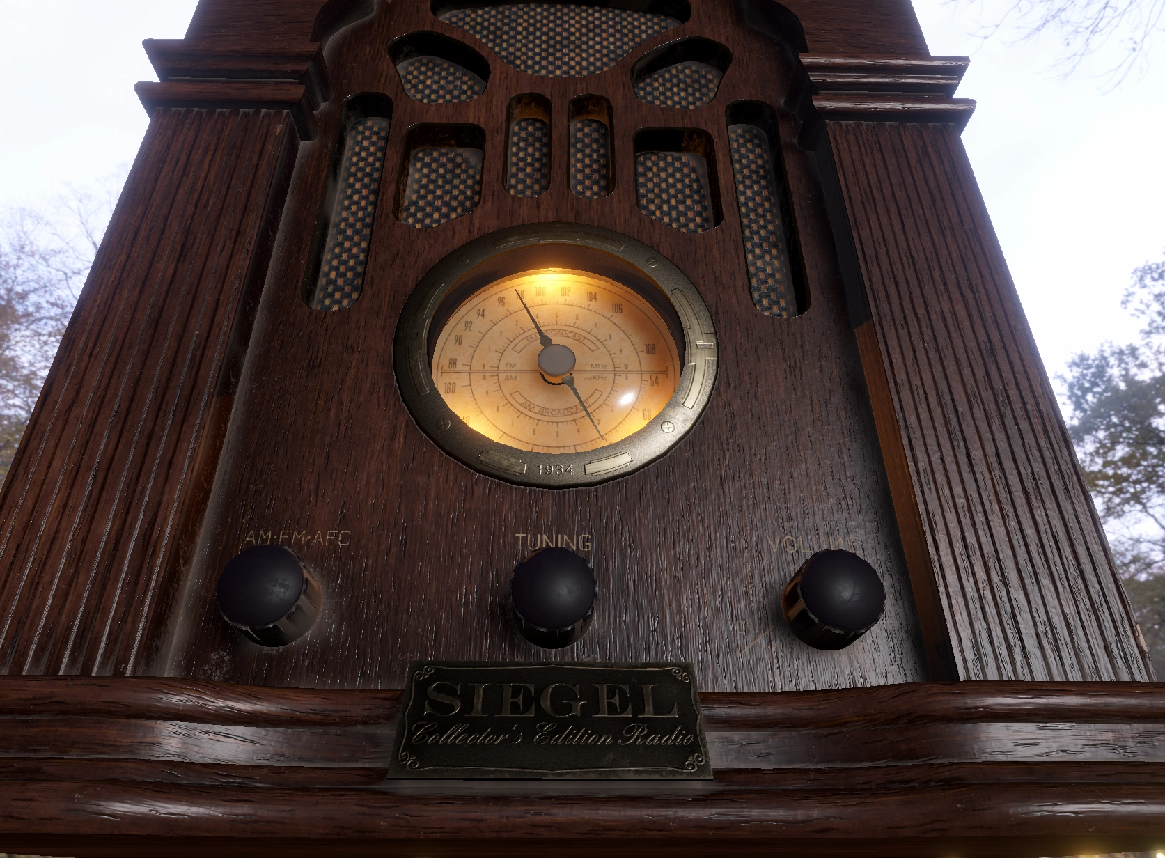 Close-up of a vintage wooden radio with an illuminated circular dial showing AM and FM frequencies, three black knobs labeled AM-FM-AFC, Tuning, and Volume, and a plaque reading 'SIEGEL Collector's Edition Radio'.