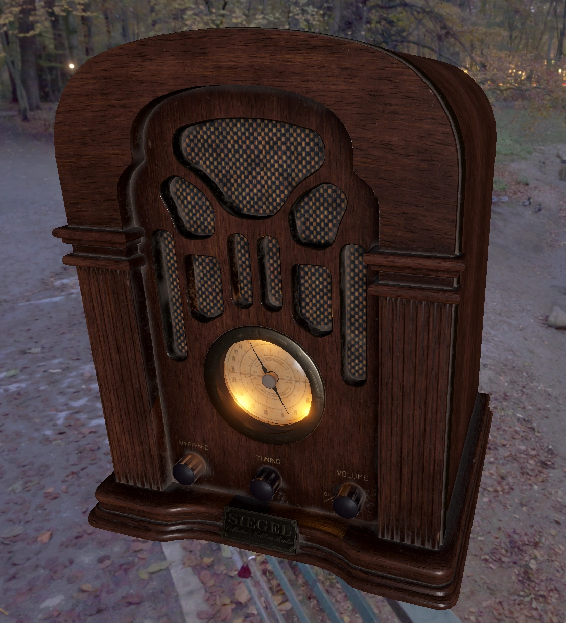 Wooden vintage-style tabletop radio with rounded top, decorative speaker grille, illuminated circular tuning dial, and three knobs labeled AM-FM-AFC, Tuning, and Volume.