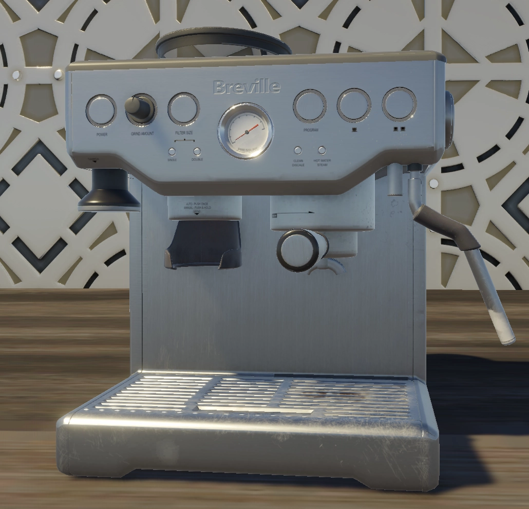 Front view of a Breville stainless steel espresso machine on a wooden surface with a patterned wall background, featuring control knobs, a pressure gauge, and a steam wand.
